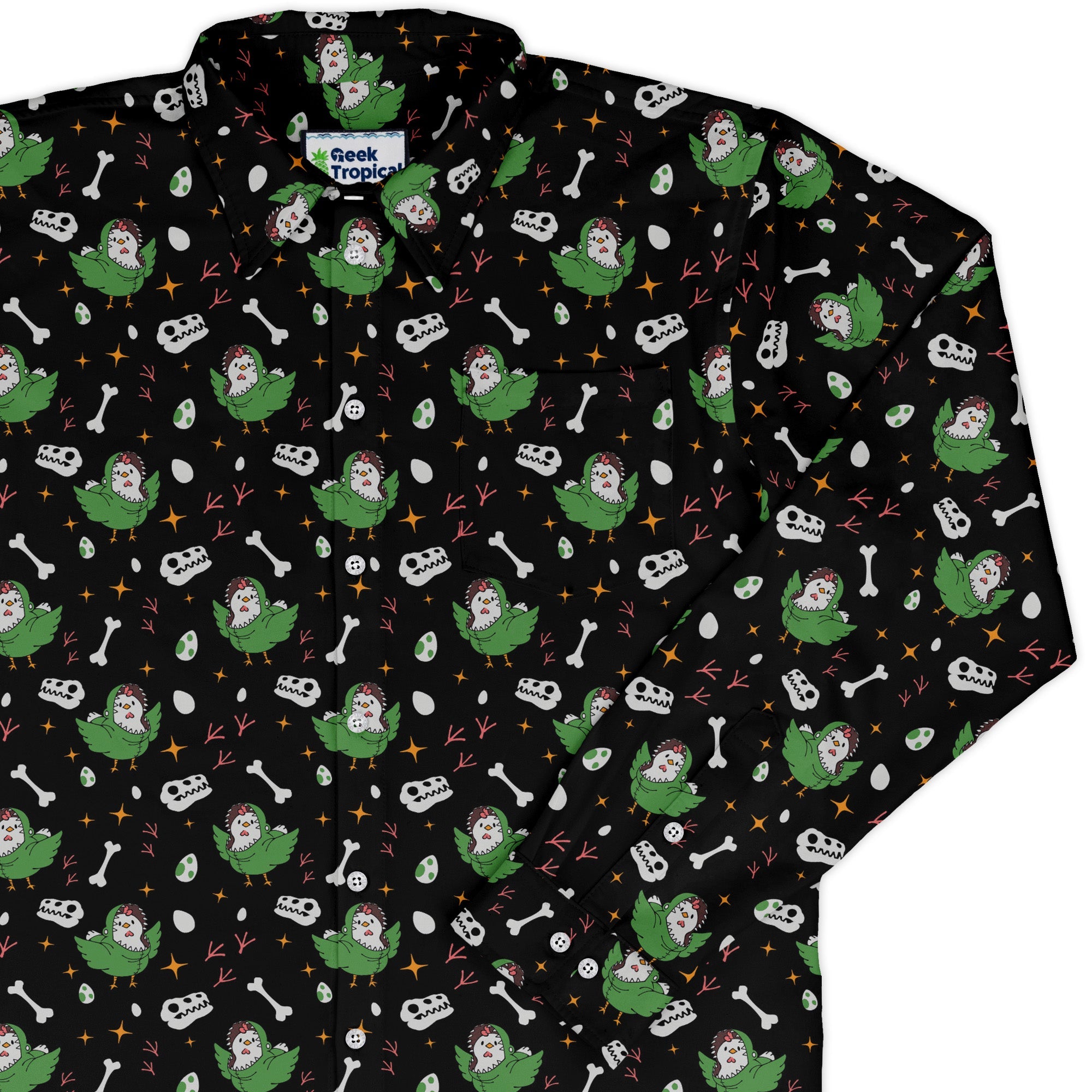 Chickenossauro Rex Long Sleeve Button Up Shirt Geek Nerd adult sizing Design by Tobe Fonseca dinosaur print