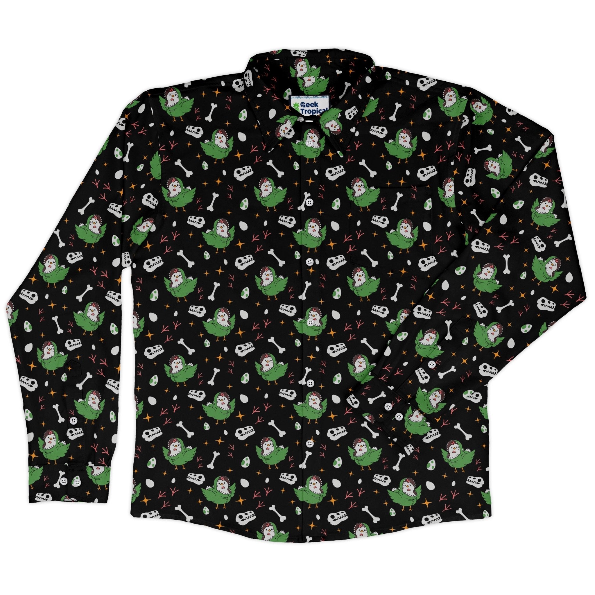 Chickenossauro Rex Long Sleeve Button Up Shirt Geek Nerd adult sizing Design by Tobe Fonseca dinosaur print