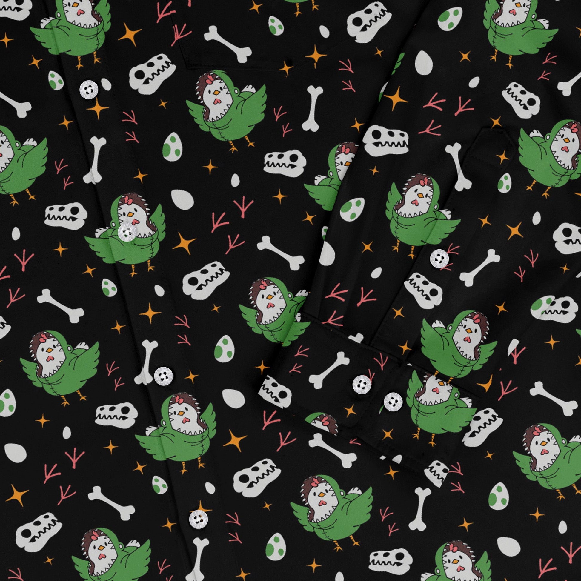 Chickenossauro Rex Long Sleeve Button Up Shirt Geek Nerd adult sizing Design by Tobe Fonseca dinosaur print