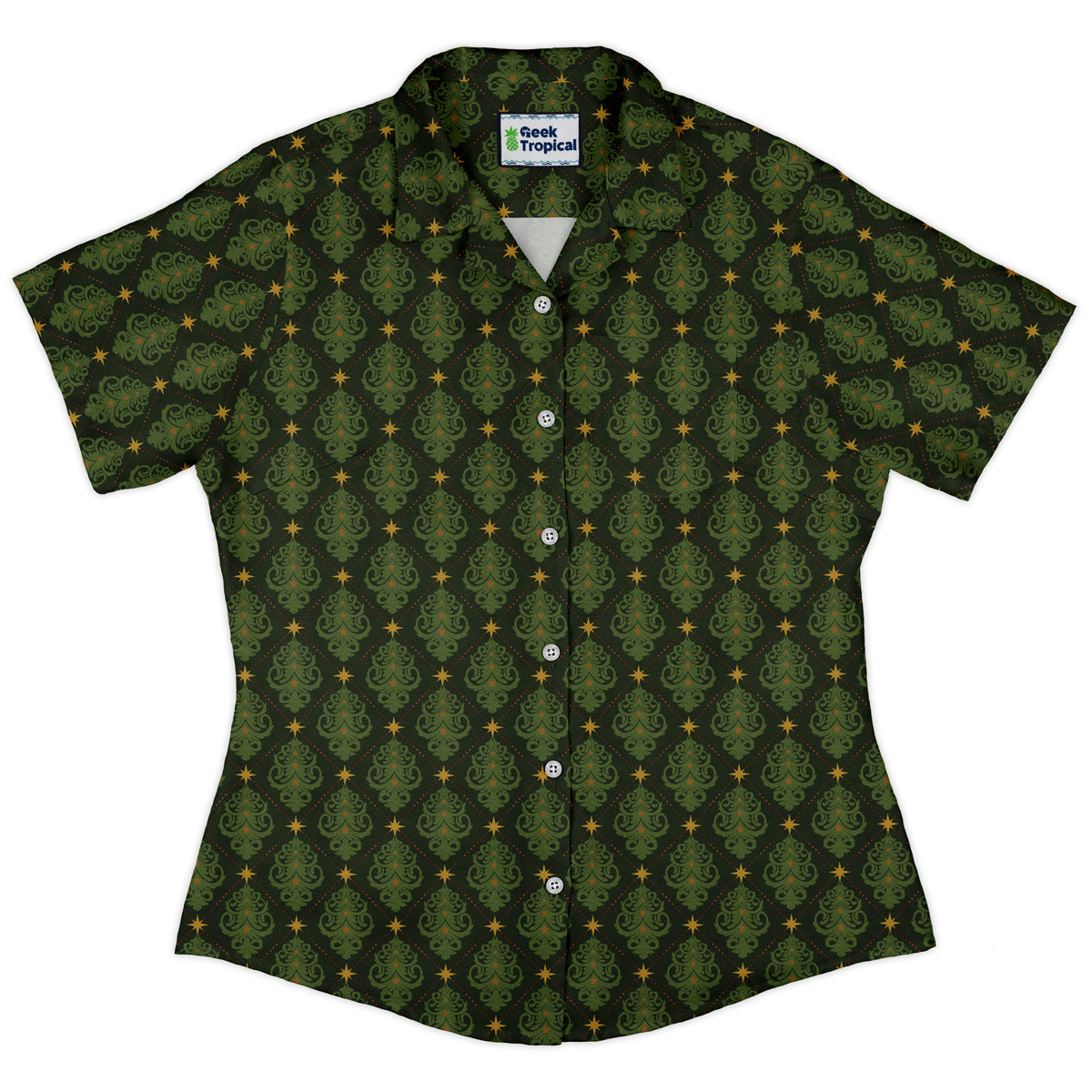 Christmas Cats Tree Curvy Button Up Shirt womens front
