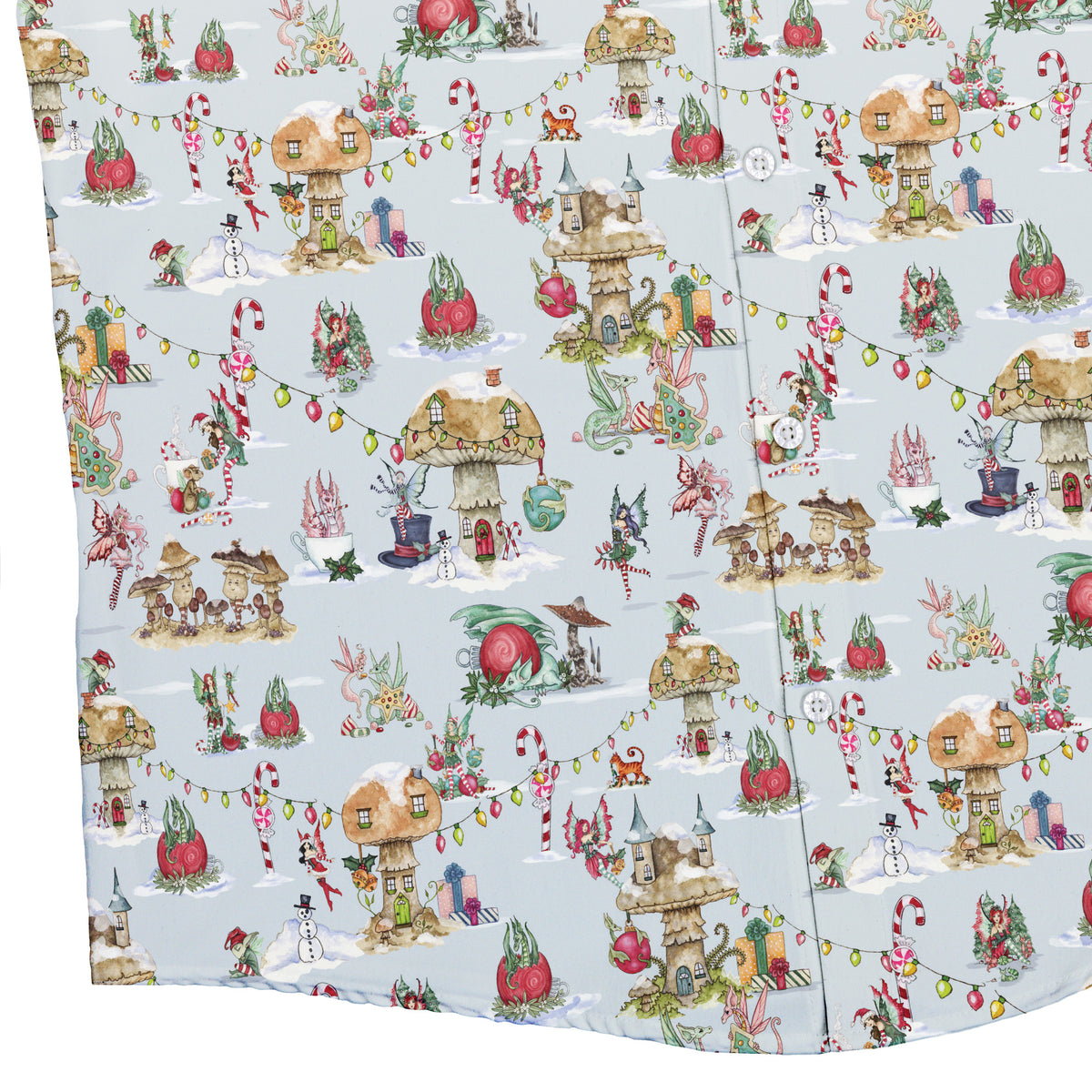 Christmas Fairy Village Button Up Shirt Bottom Corner