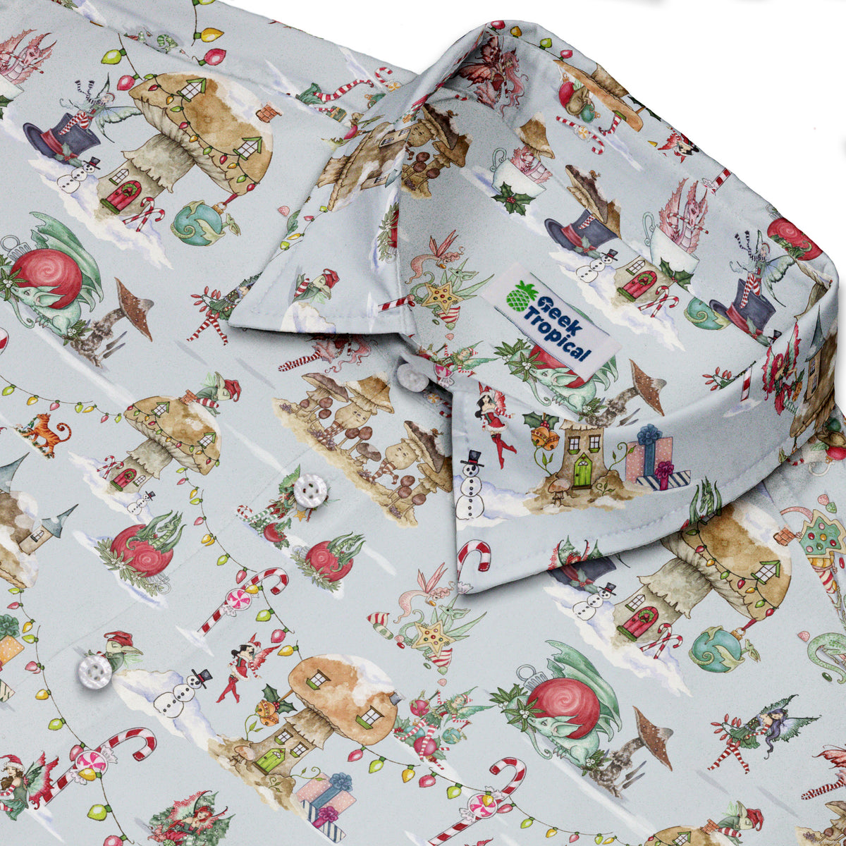 Christmas Fairy Village Button Up Shirt Neck