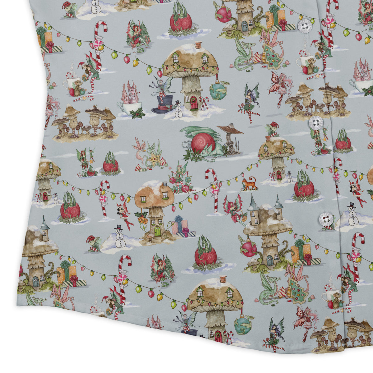 Christmas Fairy Village Curvy Button Up Shirt womens corner