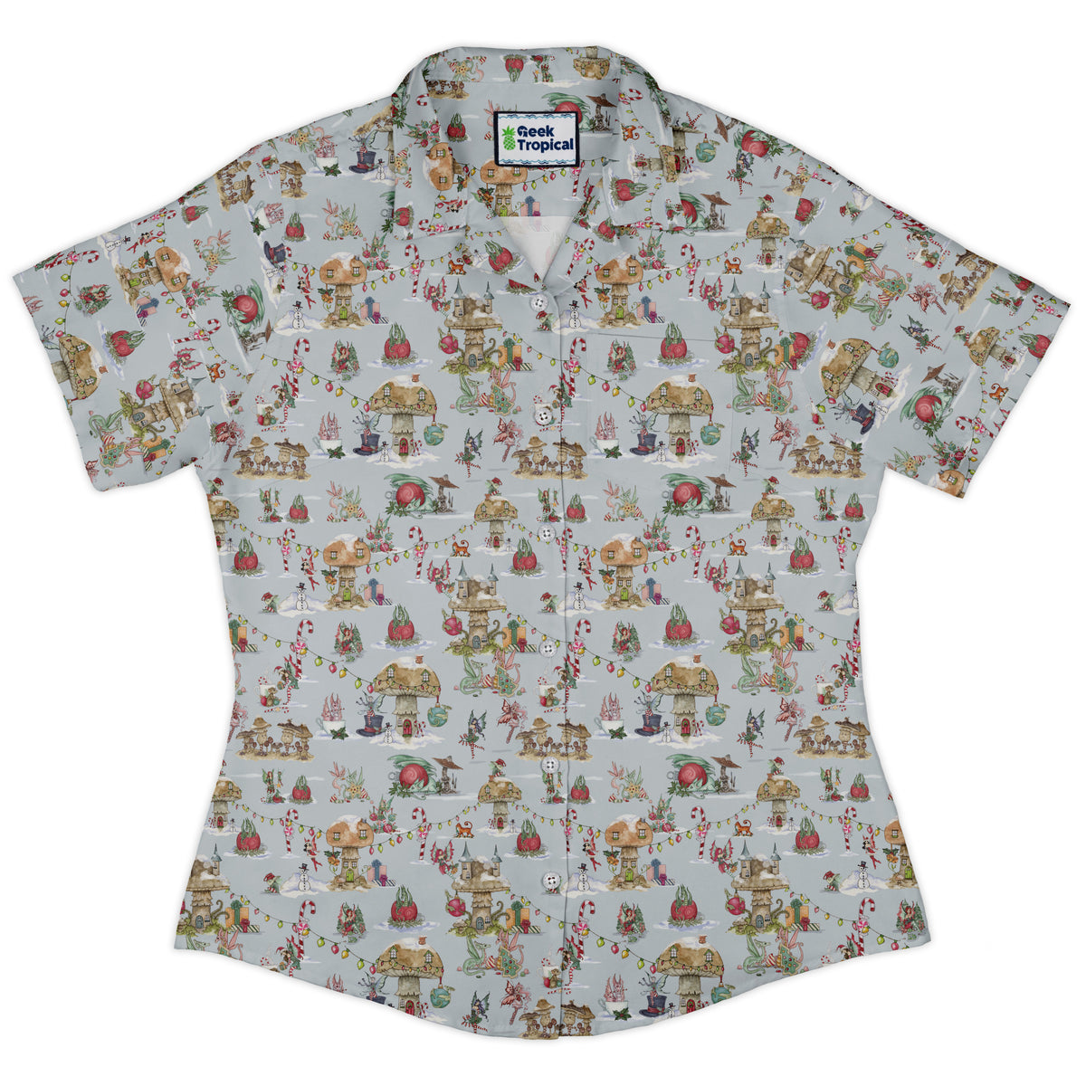Christmas Fairy Village Curvy Button Up Shirt womens front