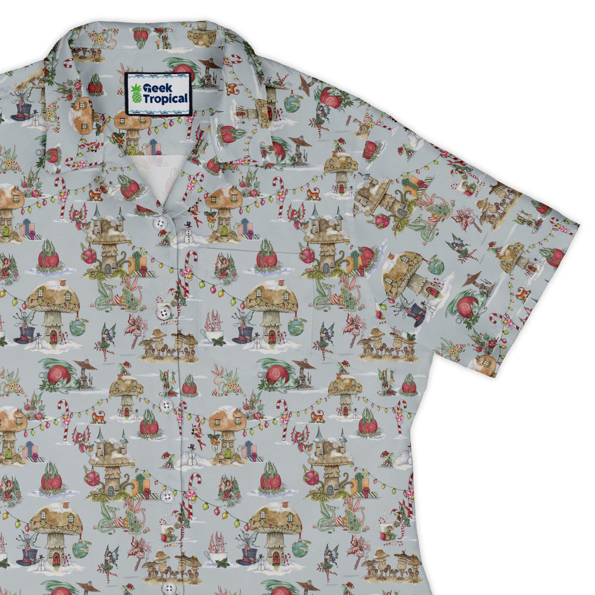 Christmas Fairy Village Curvy Button Up Shirt womens top right