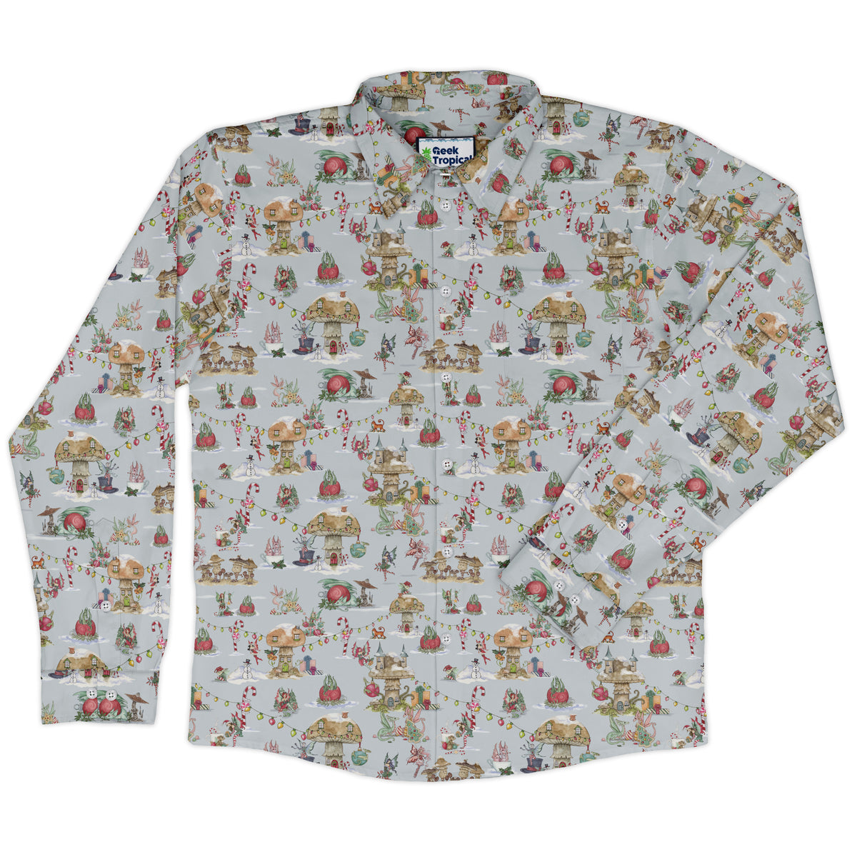 Christmas Fairy Village Long Sleeve Button Up Shirt front