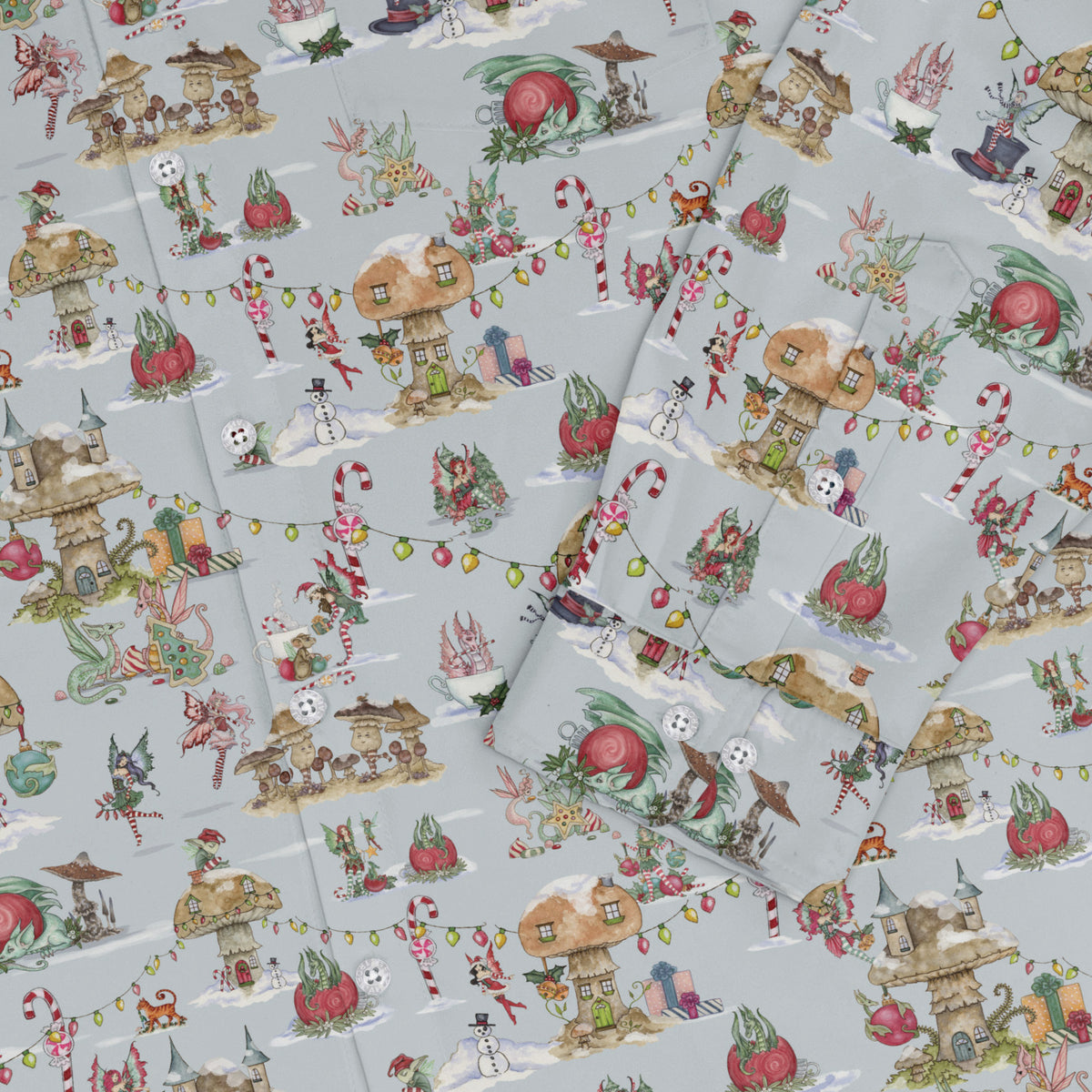 Christmas Fairy Village Long Sleeve Button Up Shirt sleeve close