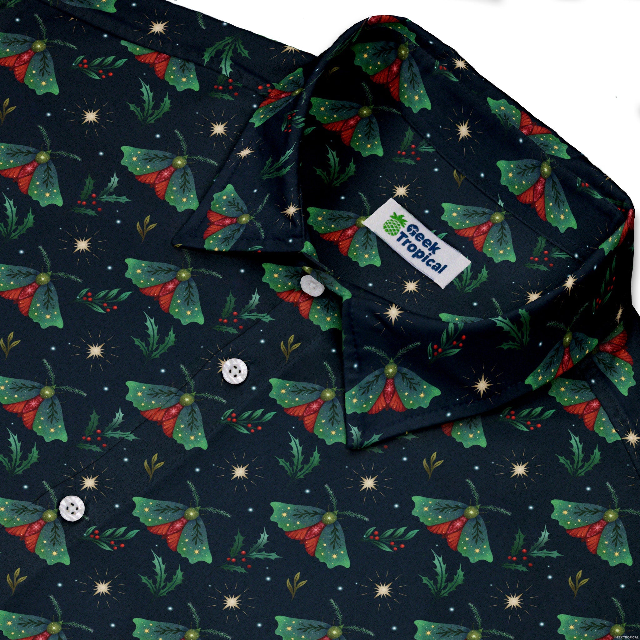 Christmas Moths Button Up Shirt Geek Nerd adult sizing Christmas Print Design by Episodic