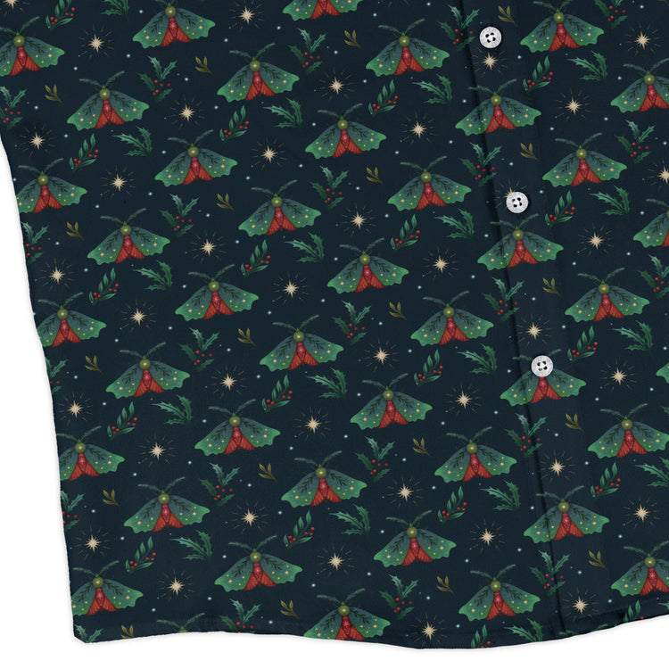 Christmas Moths Long Sleeve Button Up Shirt Geek Nerd adult sizing Botany Print Christmas Print