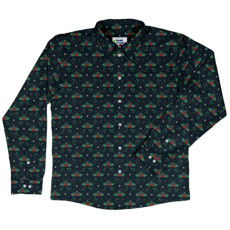 Christmas Moths Long Sleeve Button Up Shirt Geek Nerd adult sizing Botany Print Christmas Print