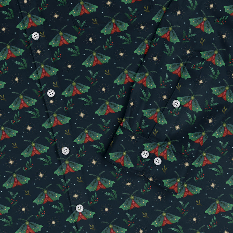 Christmas Moths Long Sleeve Button Up Shirt Geek Nerd adult sizing Botany Print Christmas Print