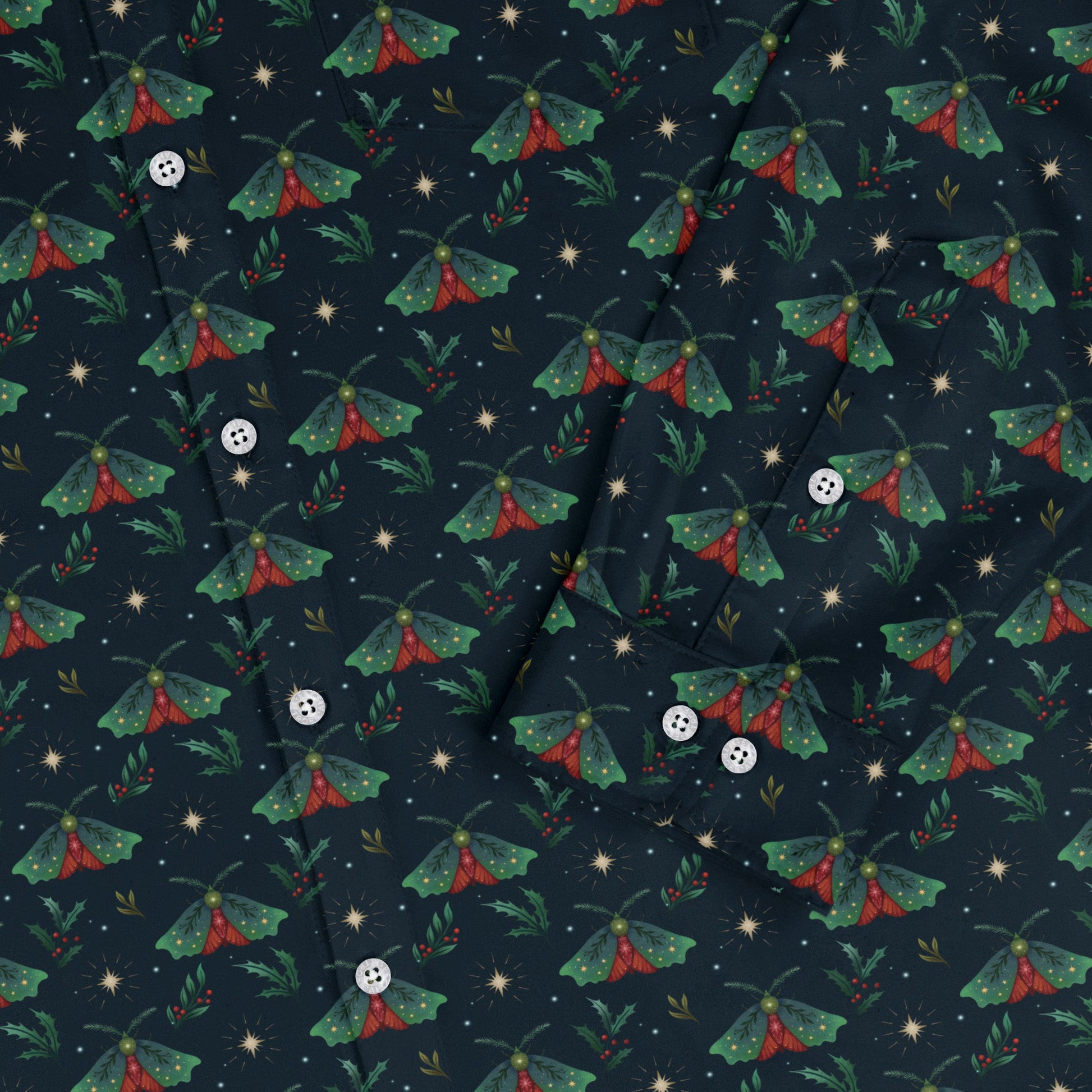 Christmas Moths Long Sleeve Button Up Shirt Geek Nerd adult sizing Botany Print Christmas Print