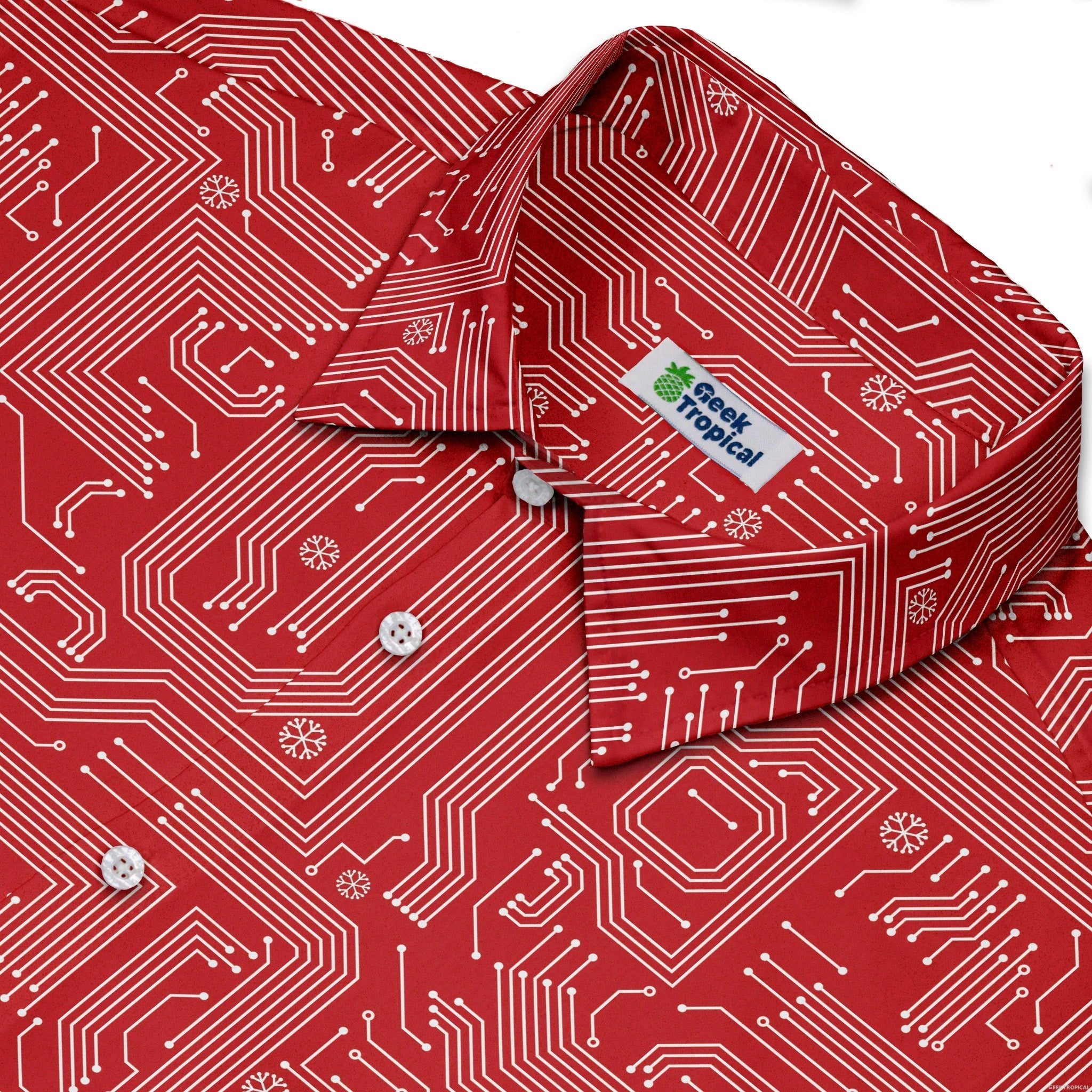 Christmas Red Computer Circuit Board Button Up Shirt Geek Nerd adult sizing Christmas Print