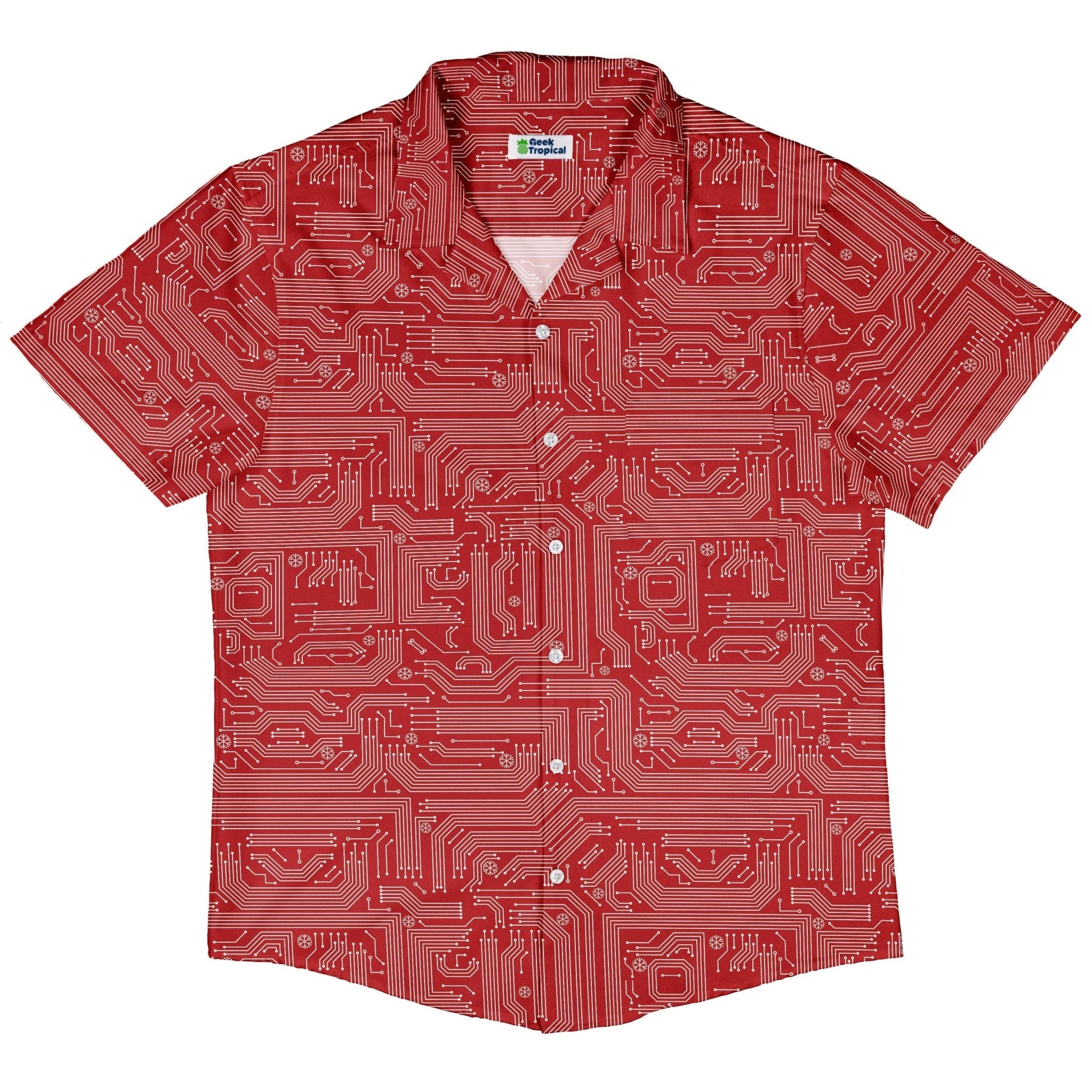 Clearance Ready - to - Ship Christmas Red Computer Circuit Board Button Up Shirt Geek Nerd adult sizing All Adult Button Up Shirts Christmas Print