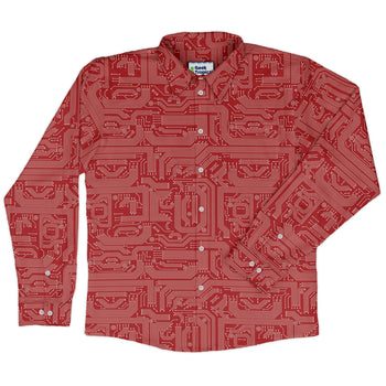 Christmas Red Computer Circuit Board Long Sleeve Button Up Shirt Geek Nerd adult sizing Christmas Print computer print