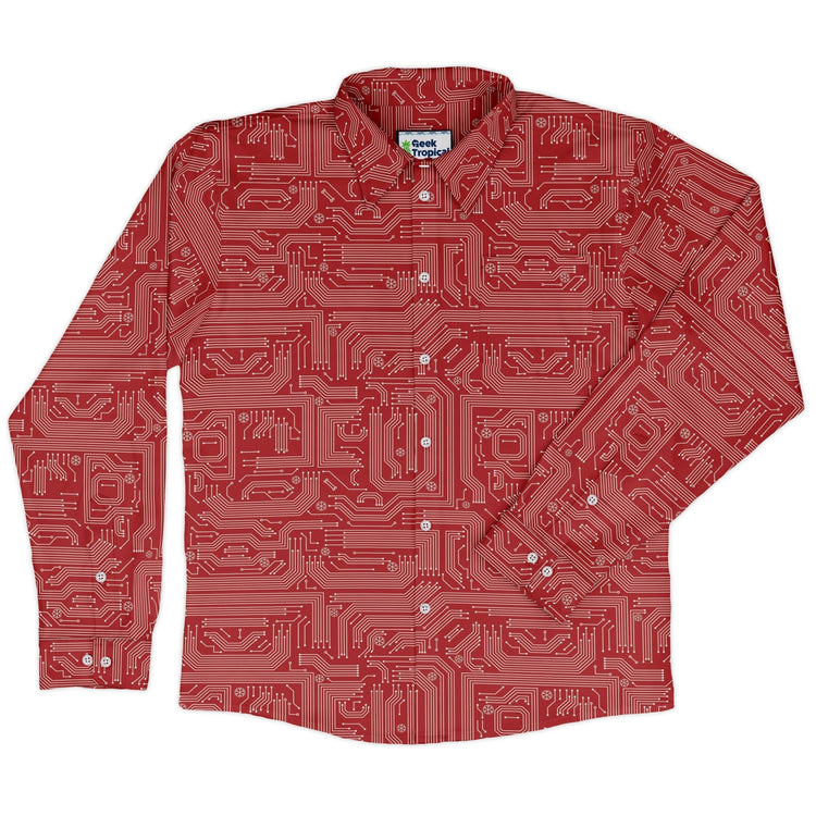Christmas Red Computer Circuit Board Long Sleeve Button Up Shirt Geek Nerd adult sizing Christmas Print computer print