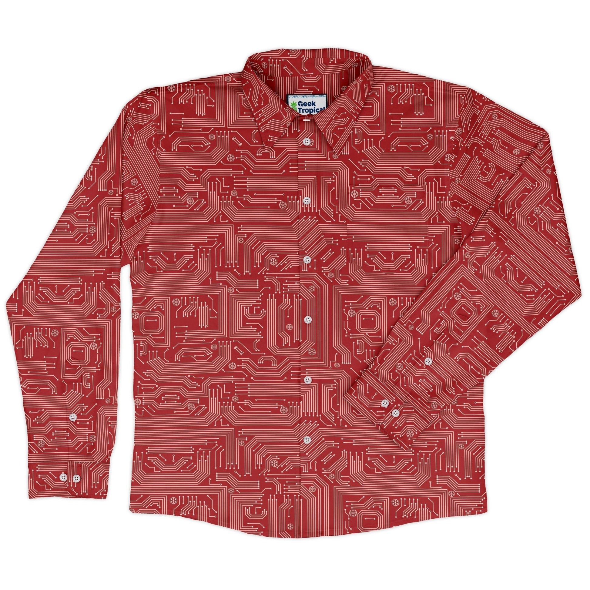 Christmas Red Computer Circuit Board Long Sleeve Button Up Shirt Geek Nerd adult sizing Christmas Print computer print