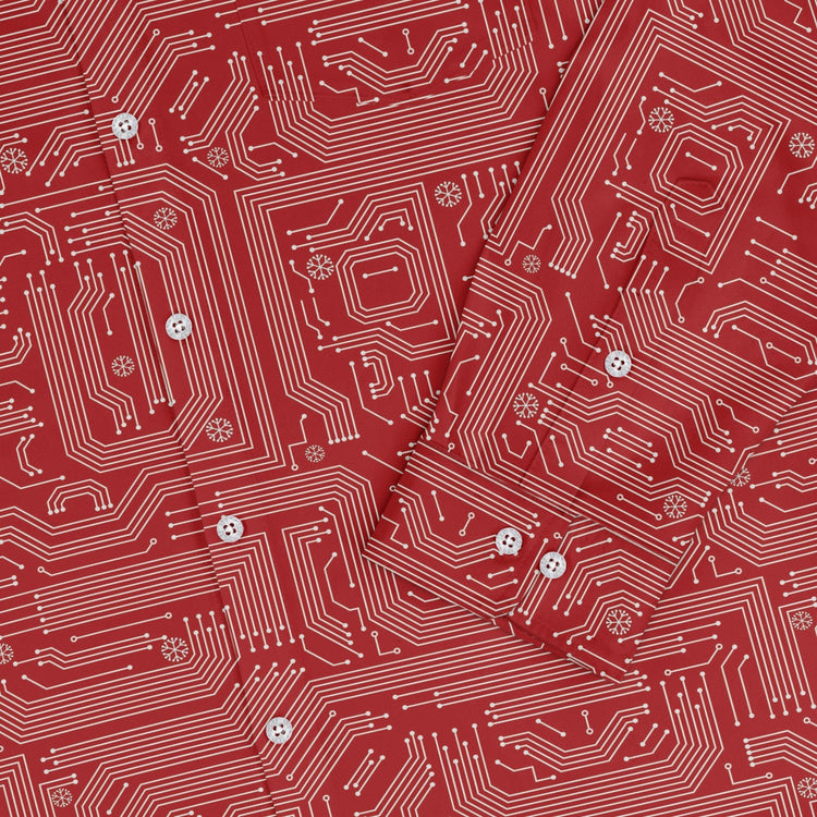 Christmas Red Computer Circuit Board Long Sleeve Button Up Shirt Geek Nerd adult sizing Christmas Print computer print