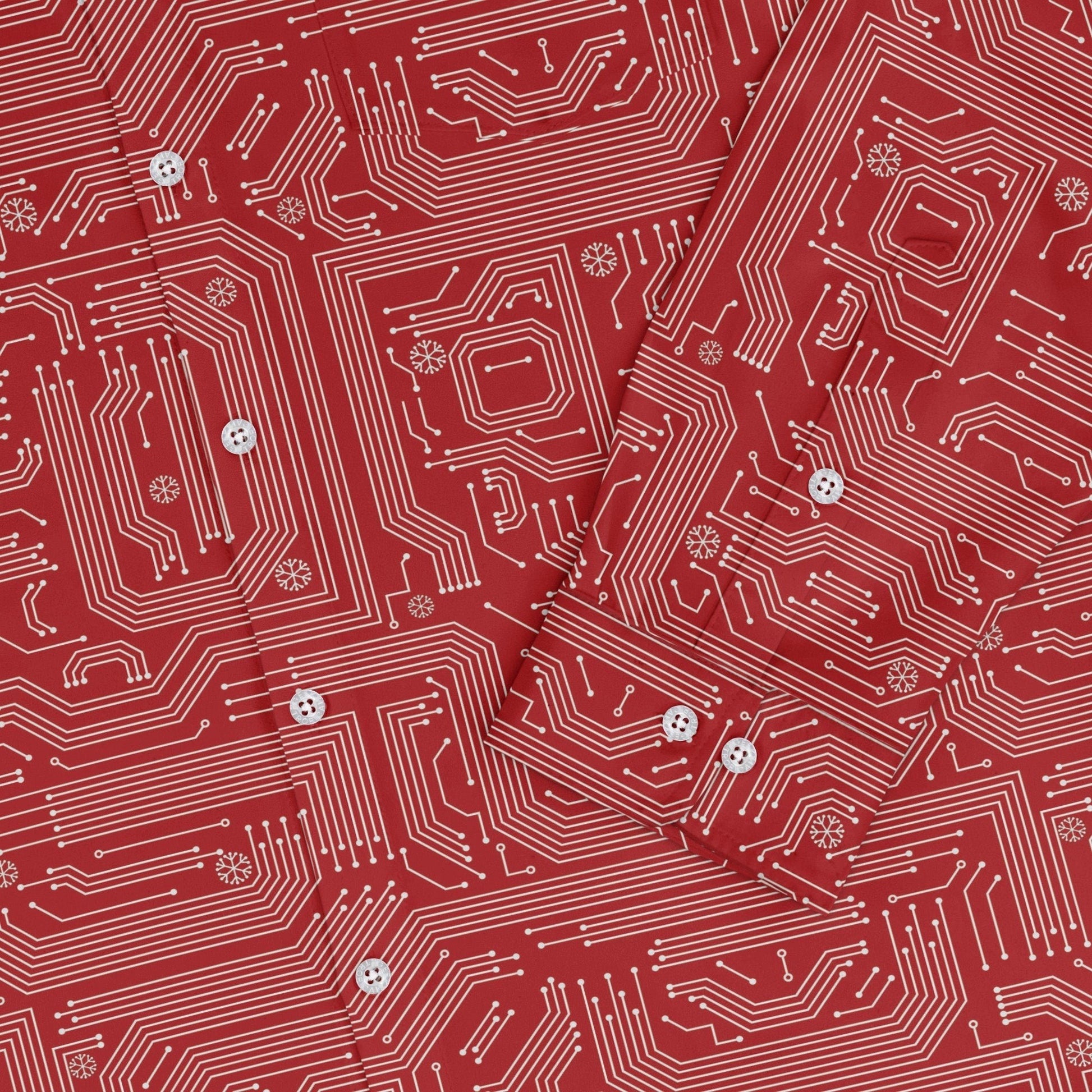 Christmas Red Computer Circuit Board Long Sleeve Button Up Shirt Geek Nerd adult sizing Christmas Print computer print