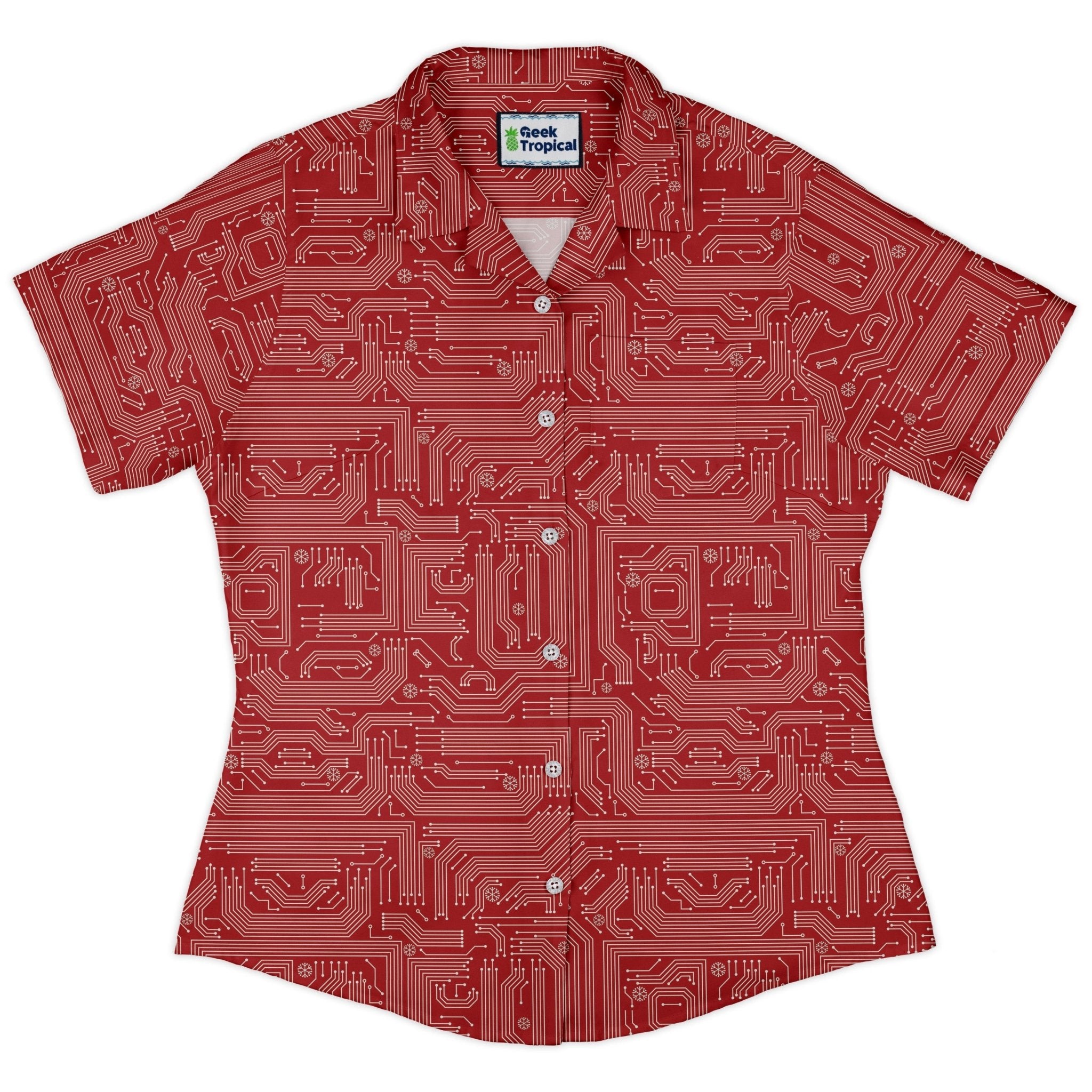 Christmas Red Computer Circuit Board Curvy Button Up Shirt Geek Nerd Christmas Print computer print women