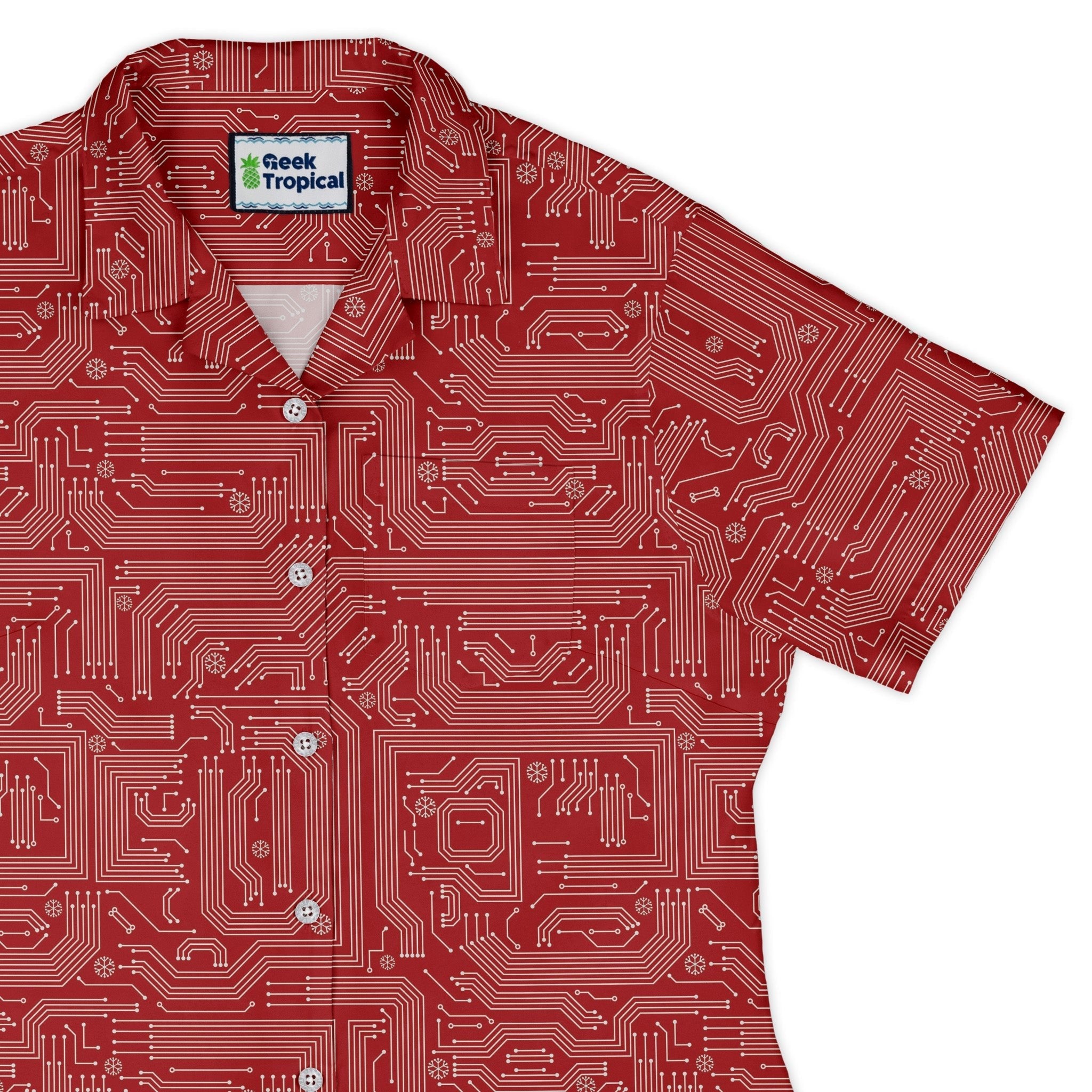 Christmas Red Computer Circuit Board Curvy Button Up Shirt Geek Nerd Christmas Print computer print women