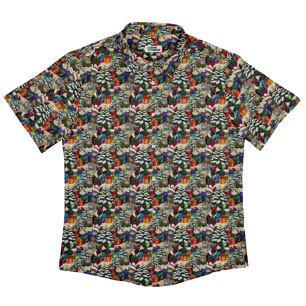 Christmas Sweater Cats Button Up Shirt Flat Front