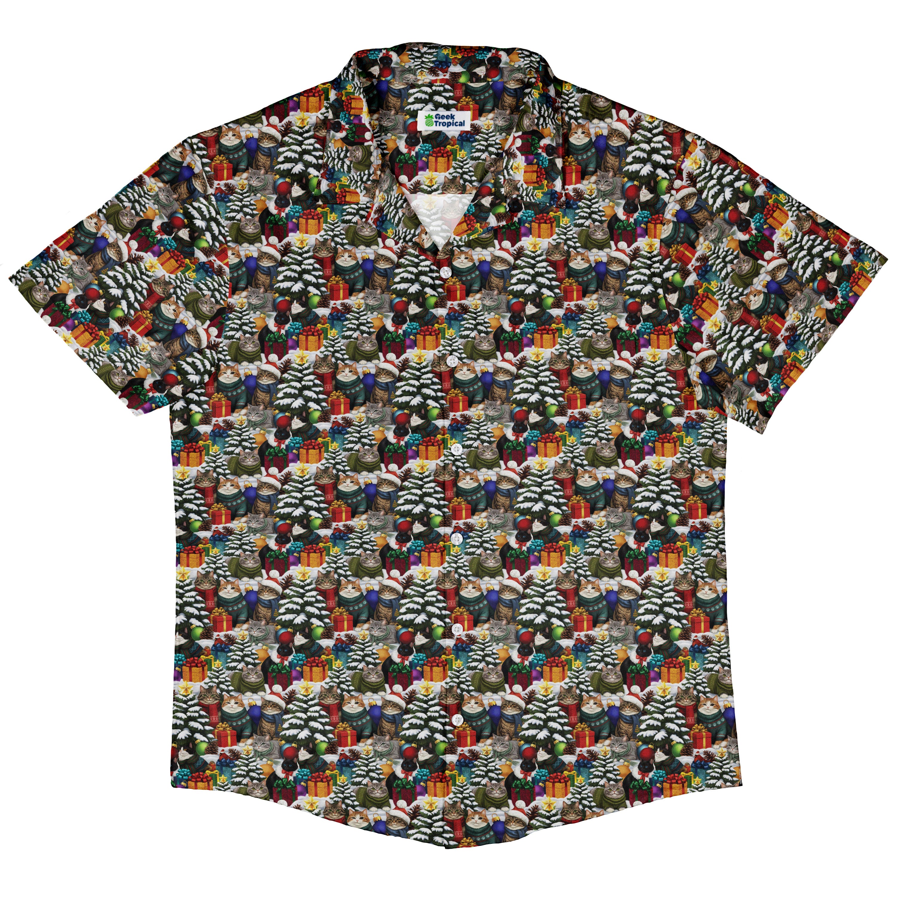 Christmas Sweater Cats Button Up Shirt Hawaiian Front