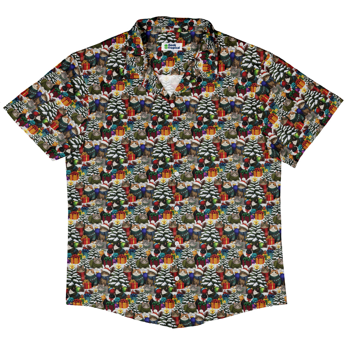 Christmas Sweater Cats Button Up Shirt Hawaiian Front