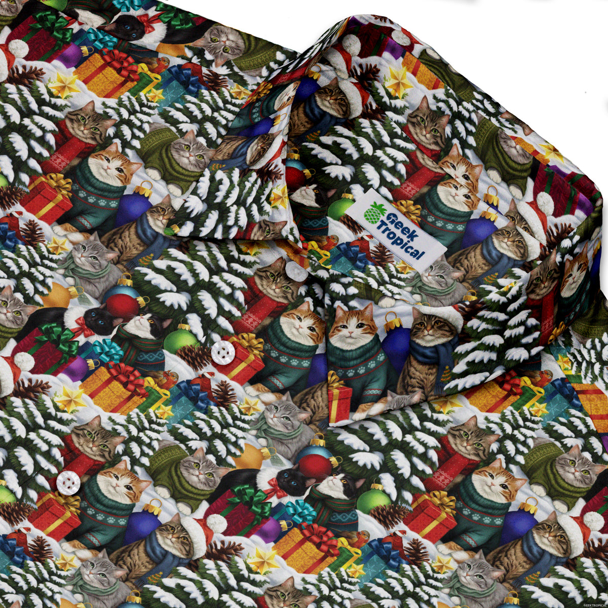 Christmas Sweater Cats Button Up Shirt Neck