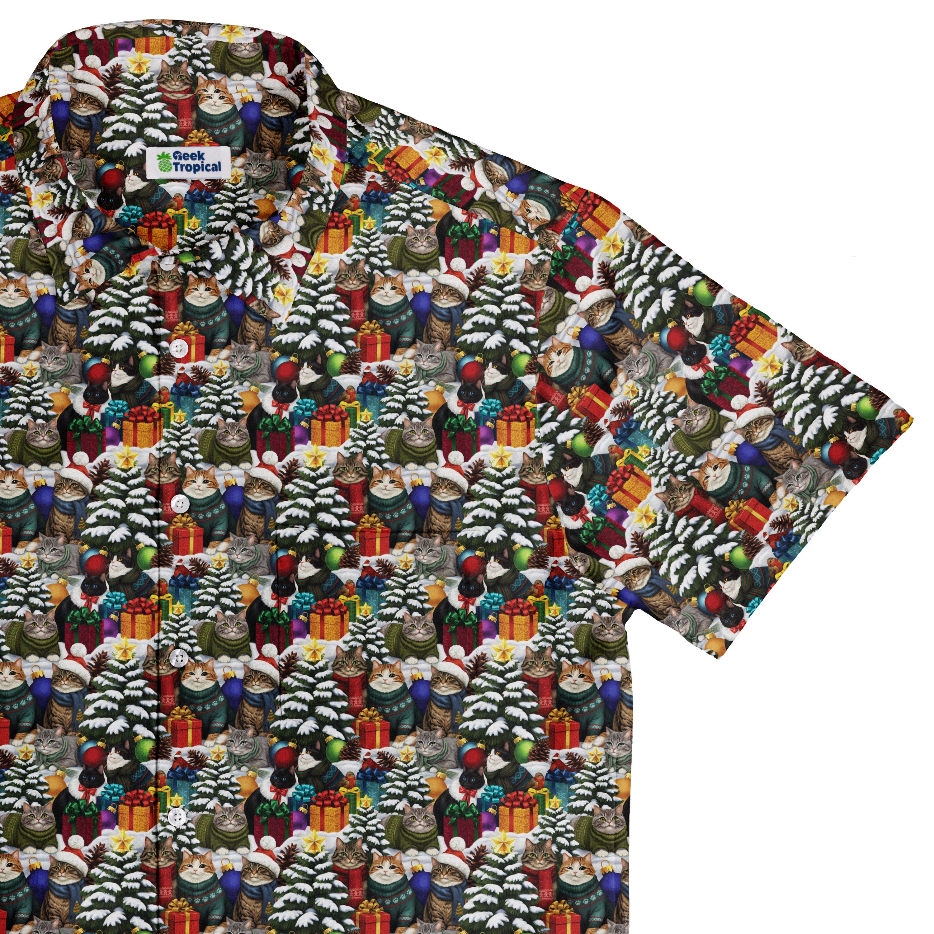 Christmas Sweater Cats Button Up Shirt Top Corner