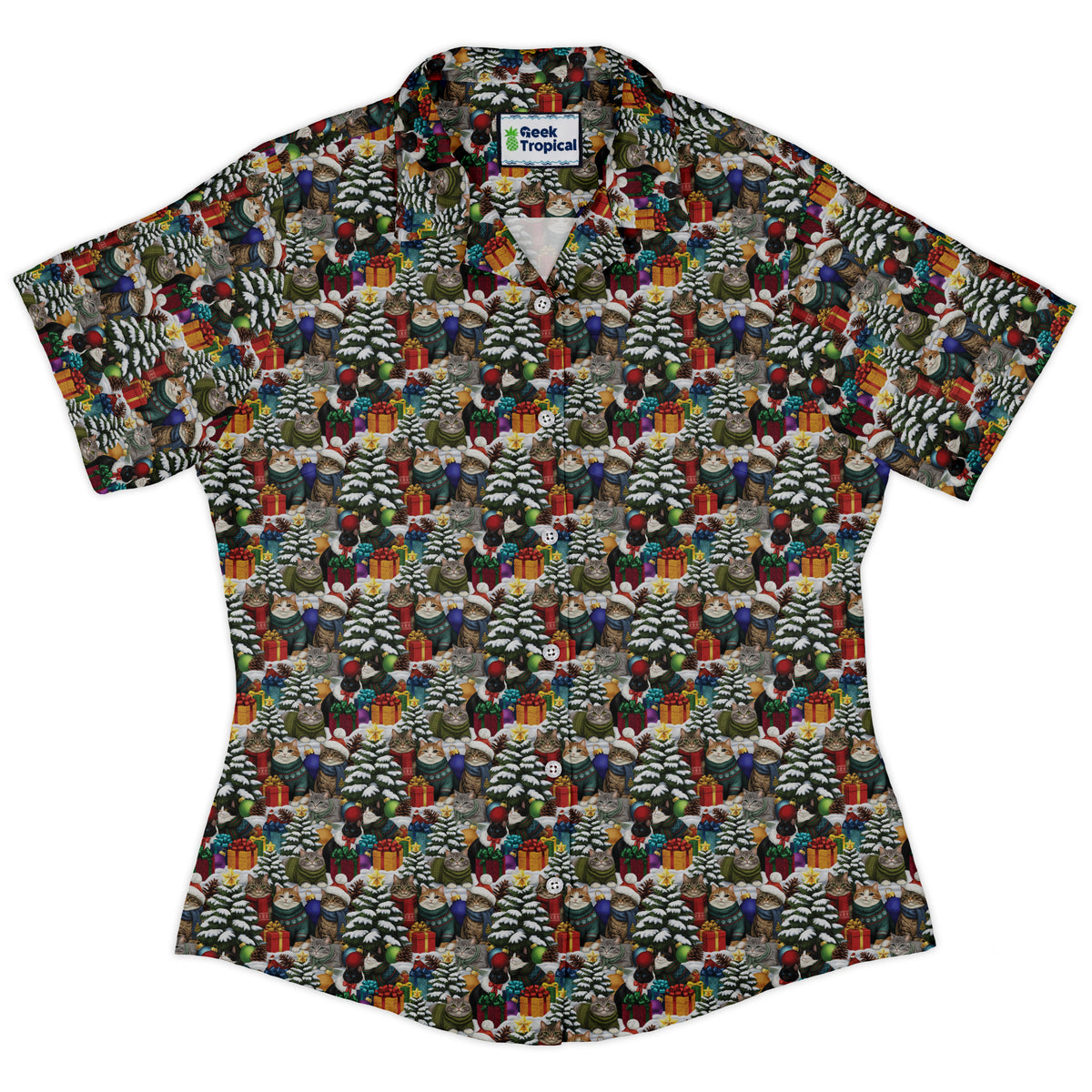 Christmas Sweater Cats Curvy Button Up Shirt womens front