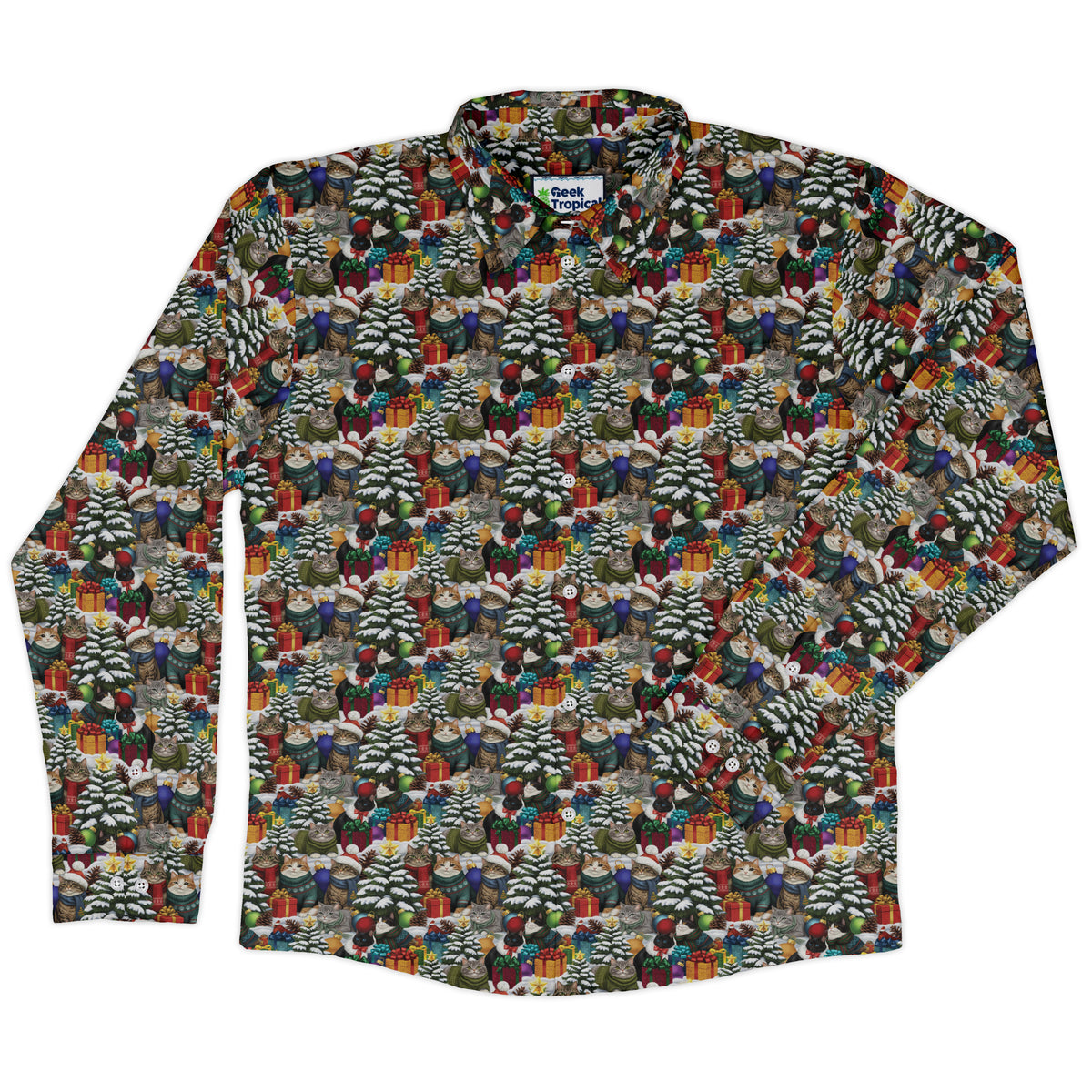 Christmas Sweater Cats Long Sleeve Button Up Shirt front