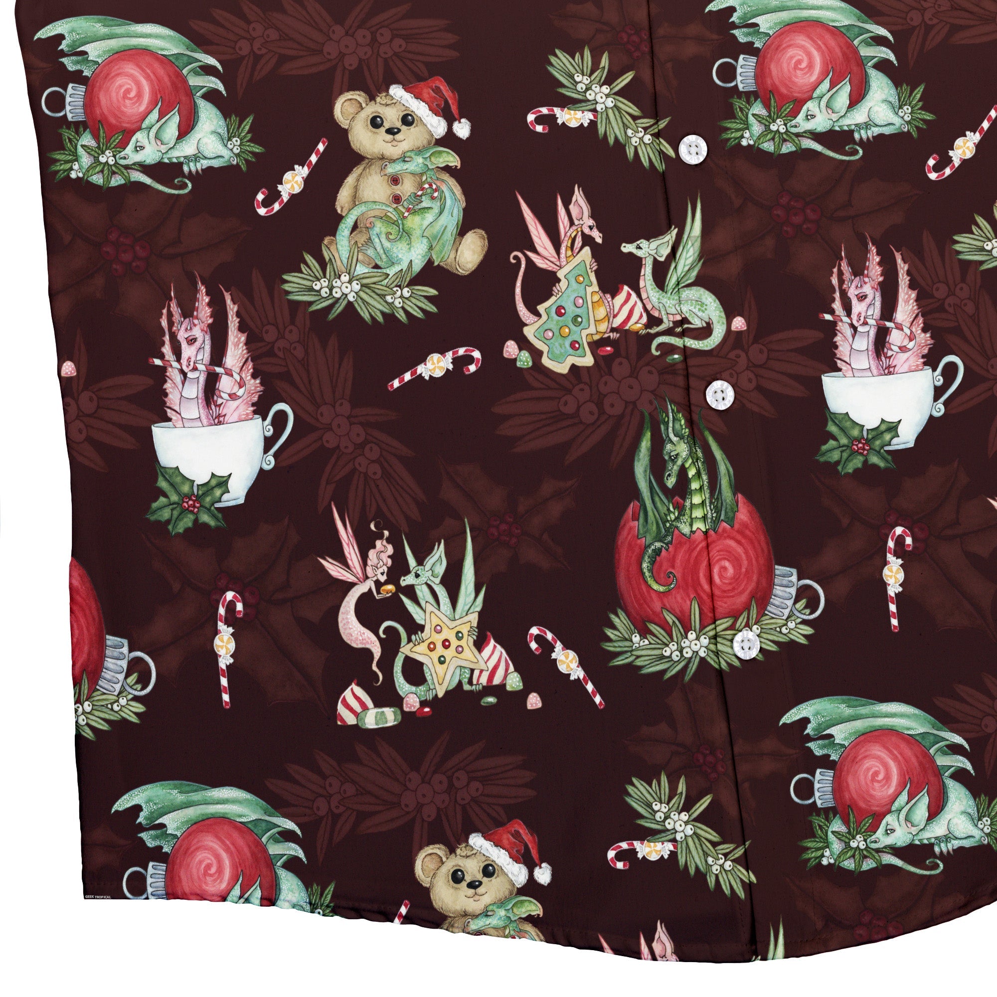 Christmas Time with Dragons Button Up Shirt Geek Nerd adult sizing Christmas Print Design by Amy Brown