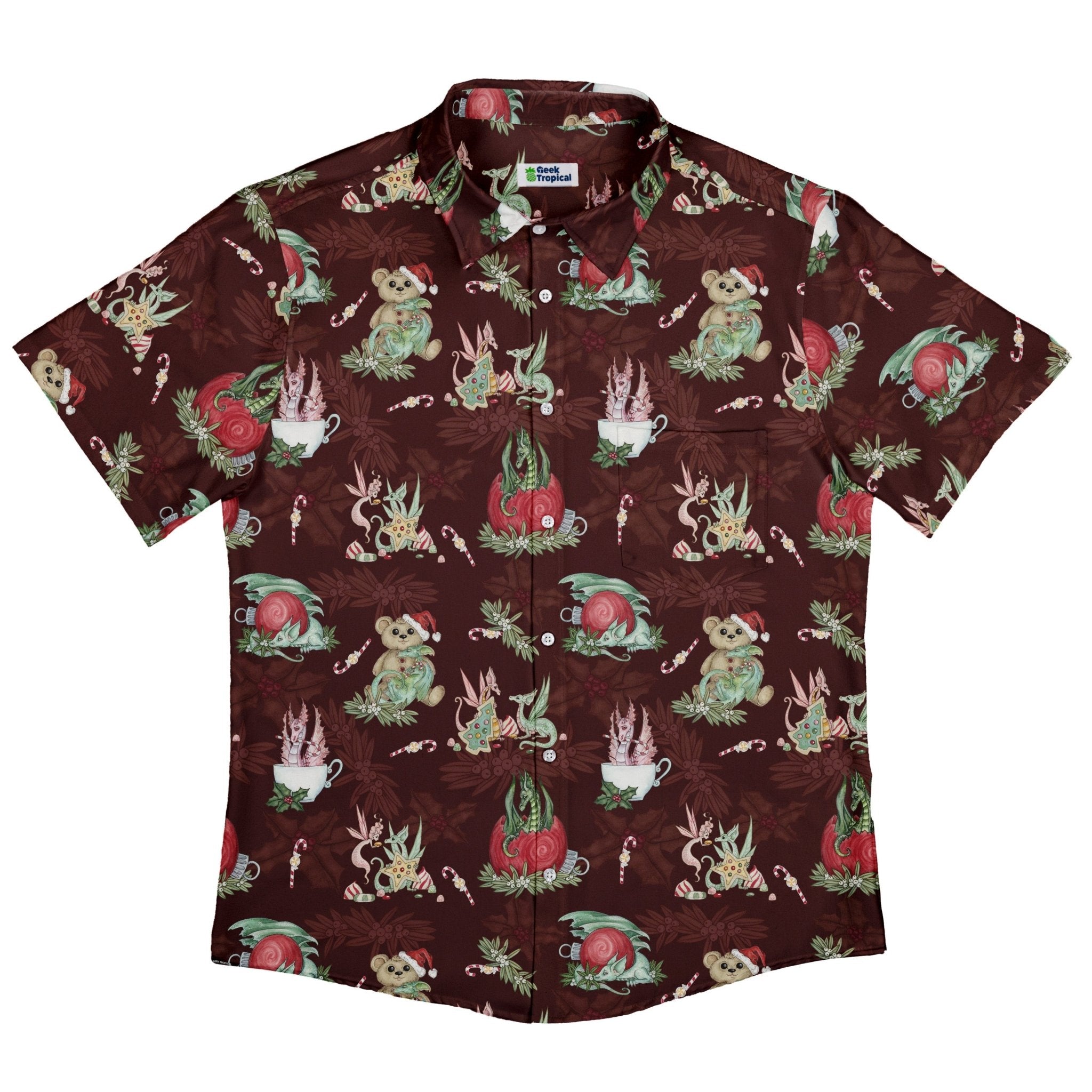 Christmas Time with Dragons Button Up Shirt Geek Nerd adult sizing Christmas Print Design by Amy Brown