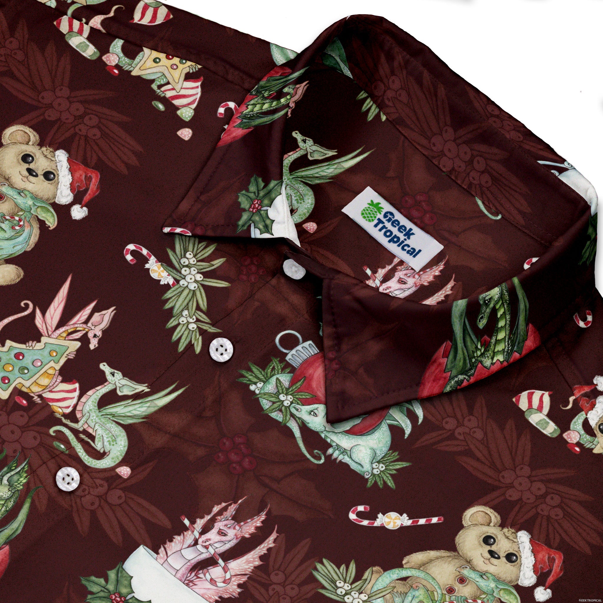 Christmas Time with Dragons Button Up Shirt Geek Nerd adult sizing Christmas Print Design by Amy Brown