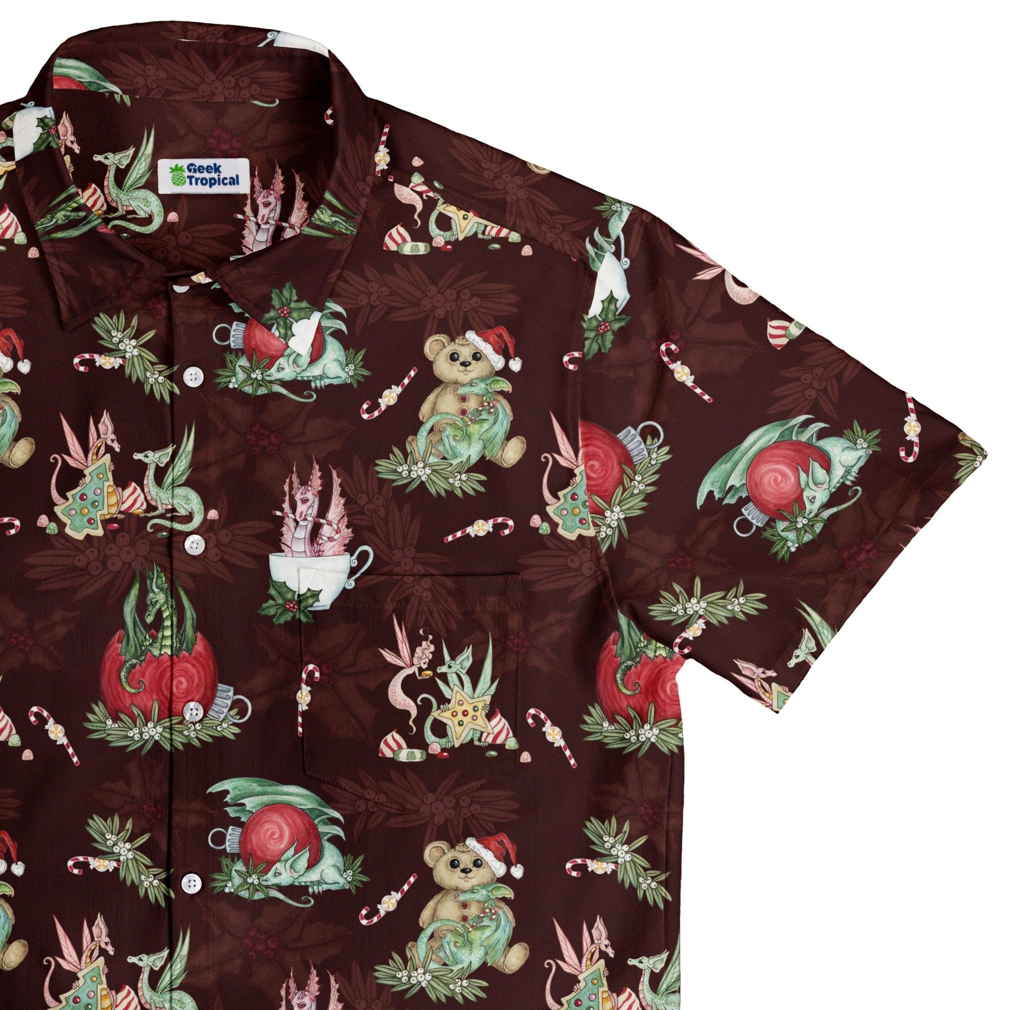 Christmas Time with Dragons Button Up Shirt Geek Nerd adult sizing Christmas Print Design by Amy Brown