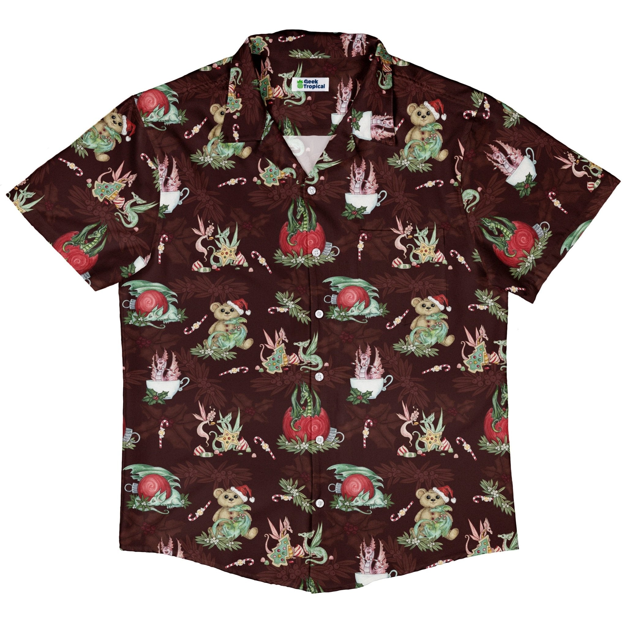 Christmas Time with Dragons Button Up Shirt Geek Nerd adult sizing Christmas Print Design by Amy Brown