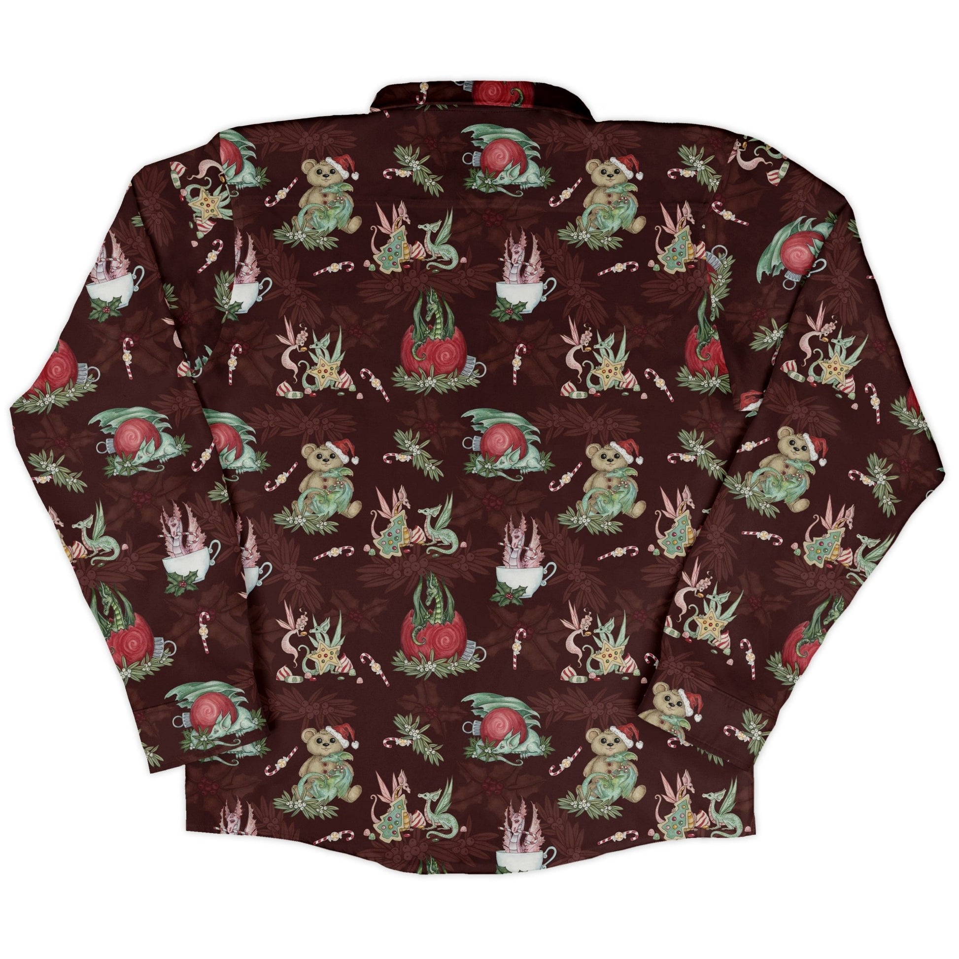 Christmas Time with Dragons Long Sleeve Button Up Shirt Geek Nerd adult sizing Christmas Print Design by Amy Brown