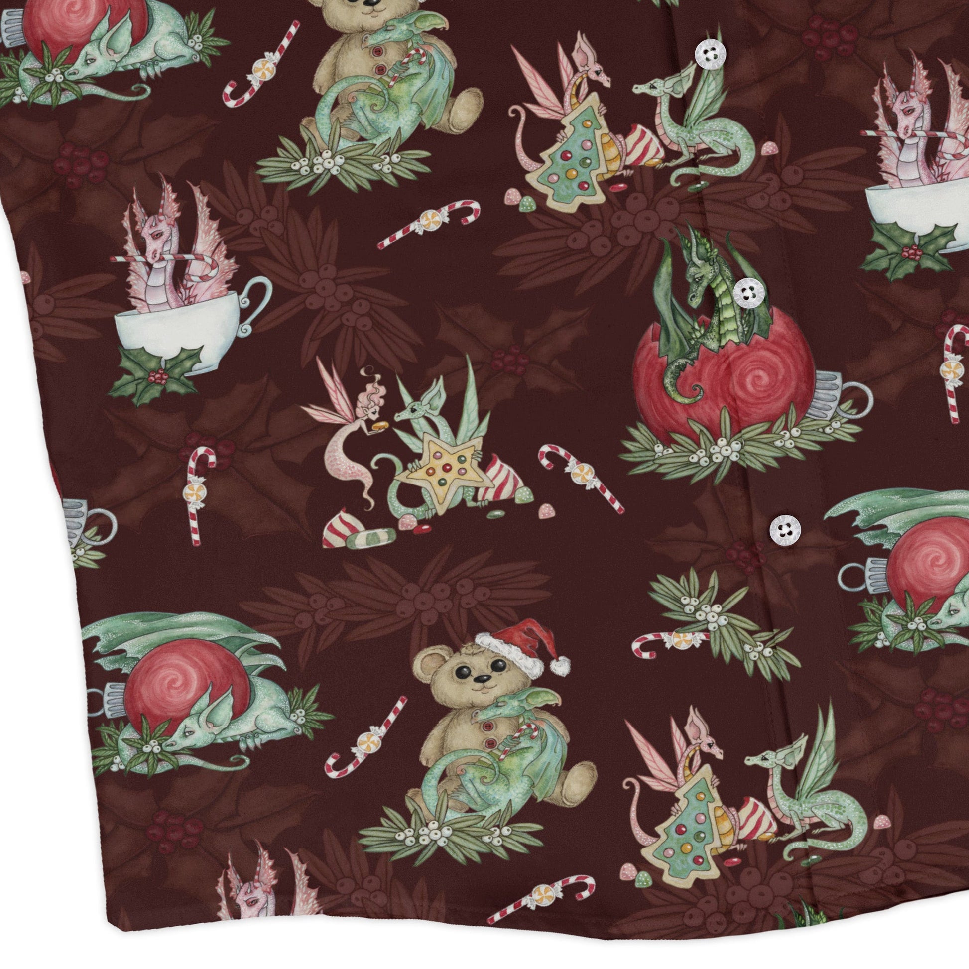 Christmas Time with Dragons Long Sleeve Button Up Shirt Geek Nerd adult sizing Christmas Print Design by Amy Brown