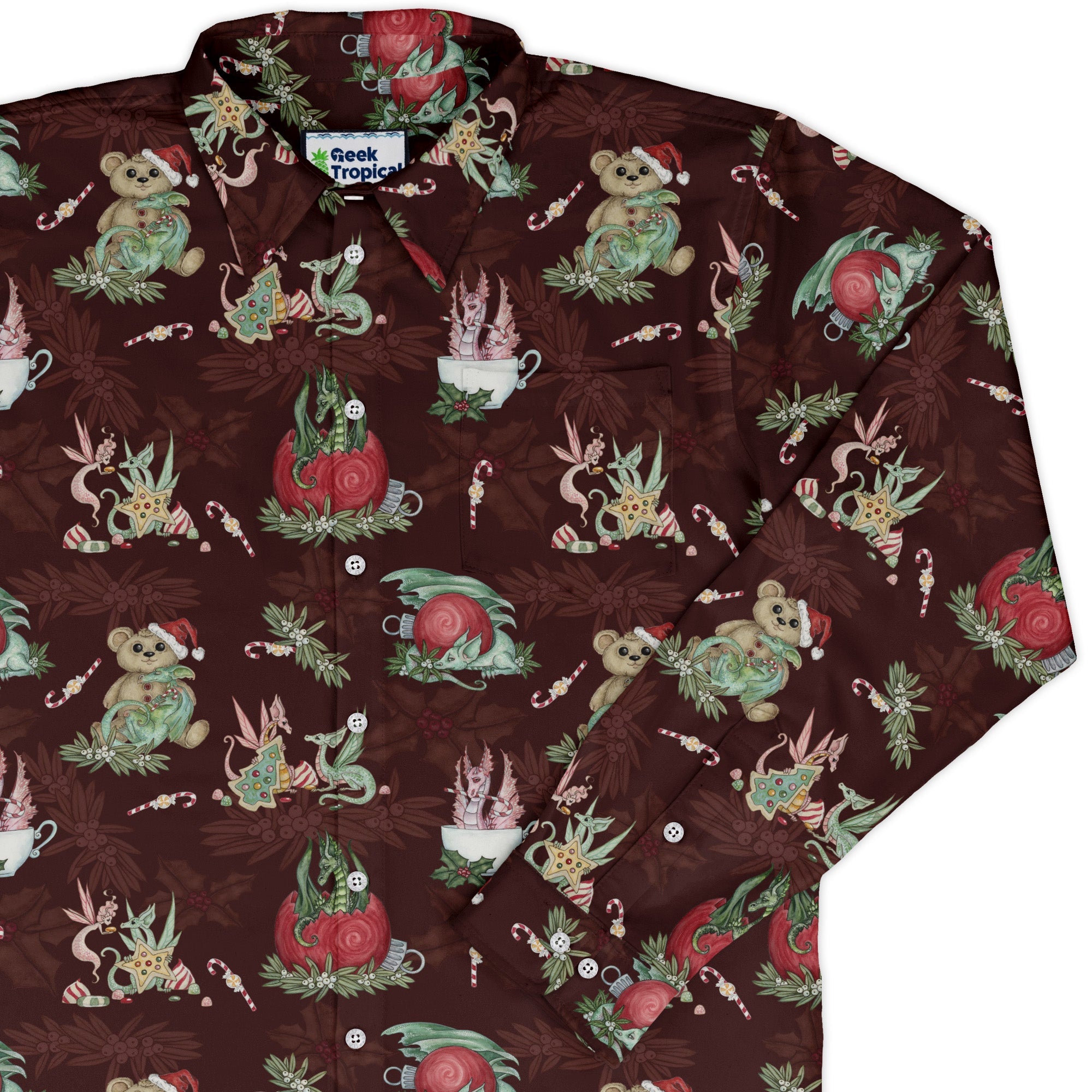 Christmas Time with Dragons Long Sleeve Button Up Shirt Geek Nerd adult sizing Christmas Print Design by Amy Brown