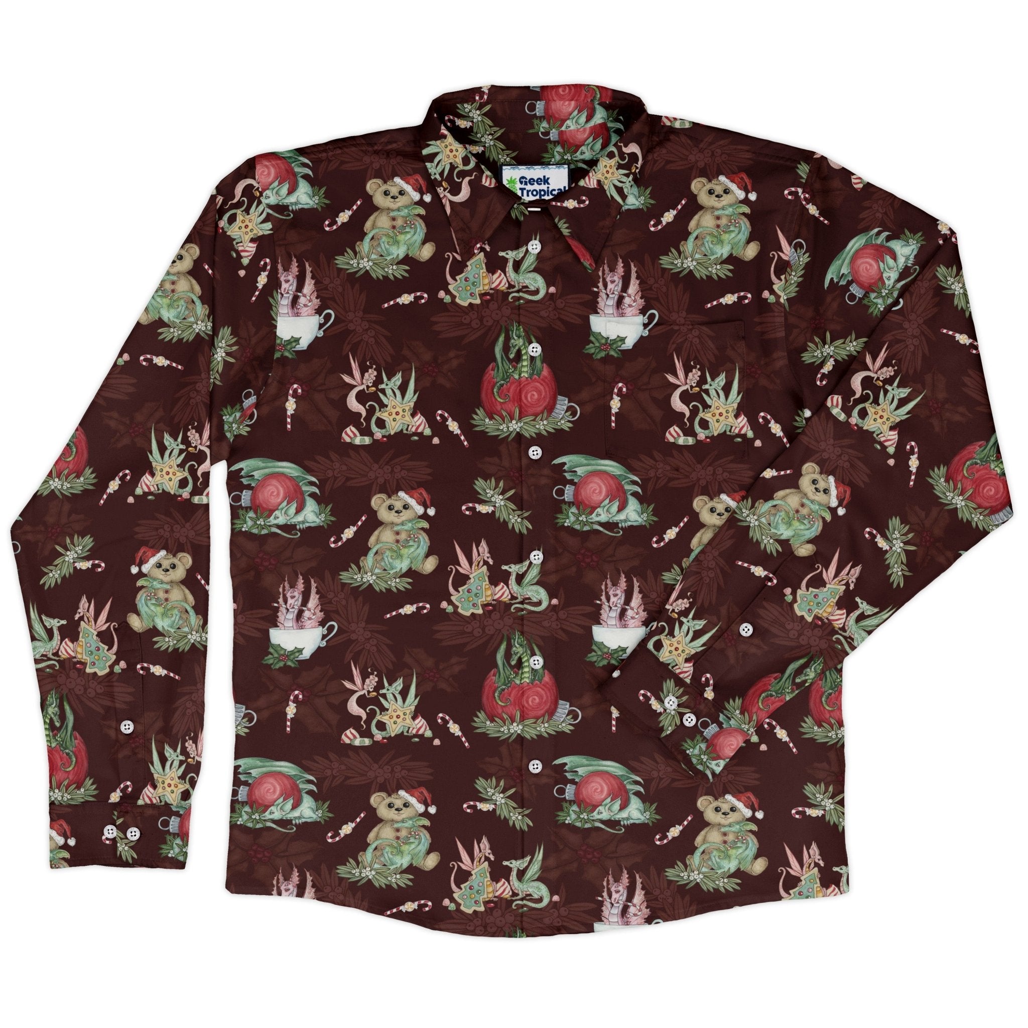 Christmas Time with Dragons Long Sleeve Button Up Shirt Geek Nerd adult sizing Christmas Print Design by Amy Brown