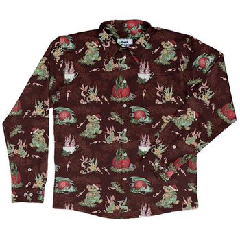 Christmas Time with Dragons Long Sleeve Button Up Shirt Geek Nerd adult sizing Christmas Print Design by Amy Brown