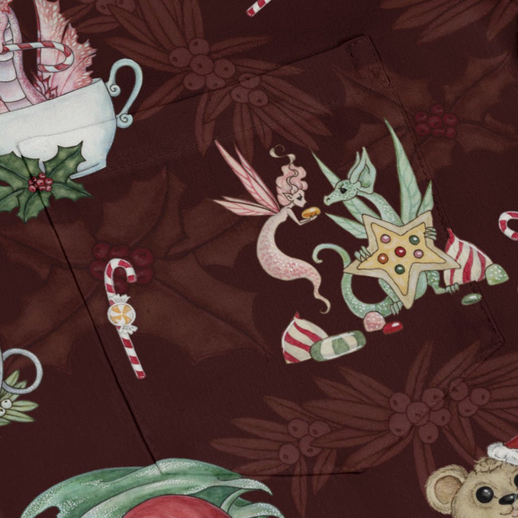 Christmas Time with Dragons Long Sleeve Button Up Shirt Geek Nerd adult sizing Christmas Print Design by Amy Brown