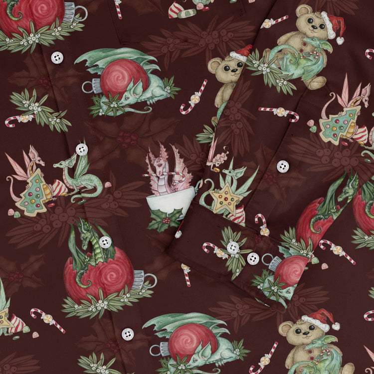 Christmas Time with Dragons Long Sleeve Button Up Shirt Geek Nerd adult sizing Christmas Print Design by Amy Brown