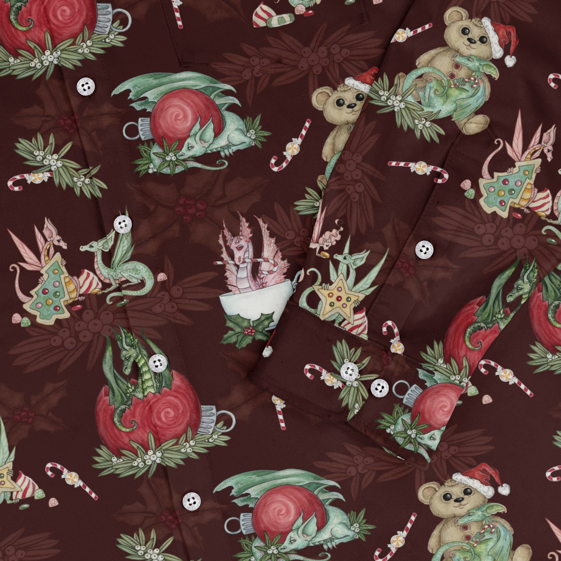 Christmas Time with Dragons Long Sleeve Button Up Shirt Geek Nerd adult sizing Christmas Print Design by Amy Brown