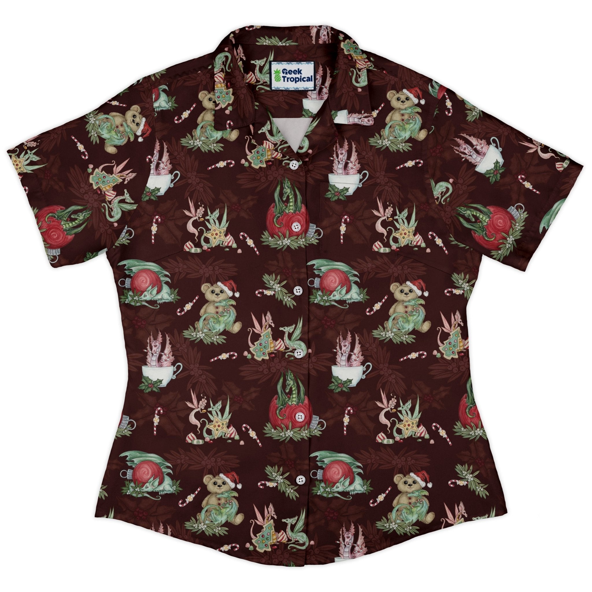 Christmas Time with Dragons Curvy Button Up Shirt Geek Nerd Christmas Print Design by Amy Brown Fantasy Prints