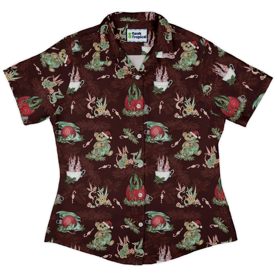 Christmas Time with Dragons Curvy Button Up Shirt Geek Nerd Christmas Print Design by Amy Brown Fantasy Prints