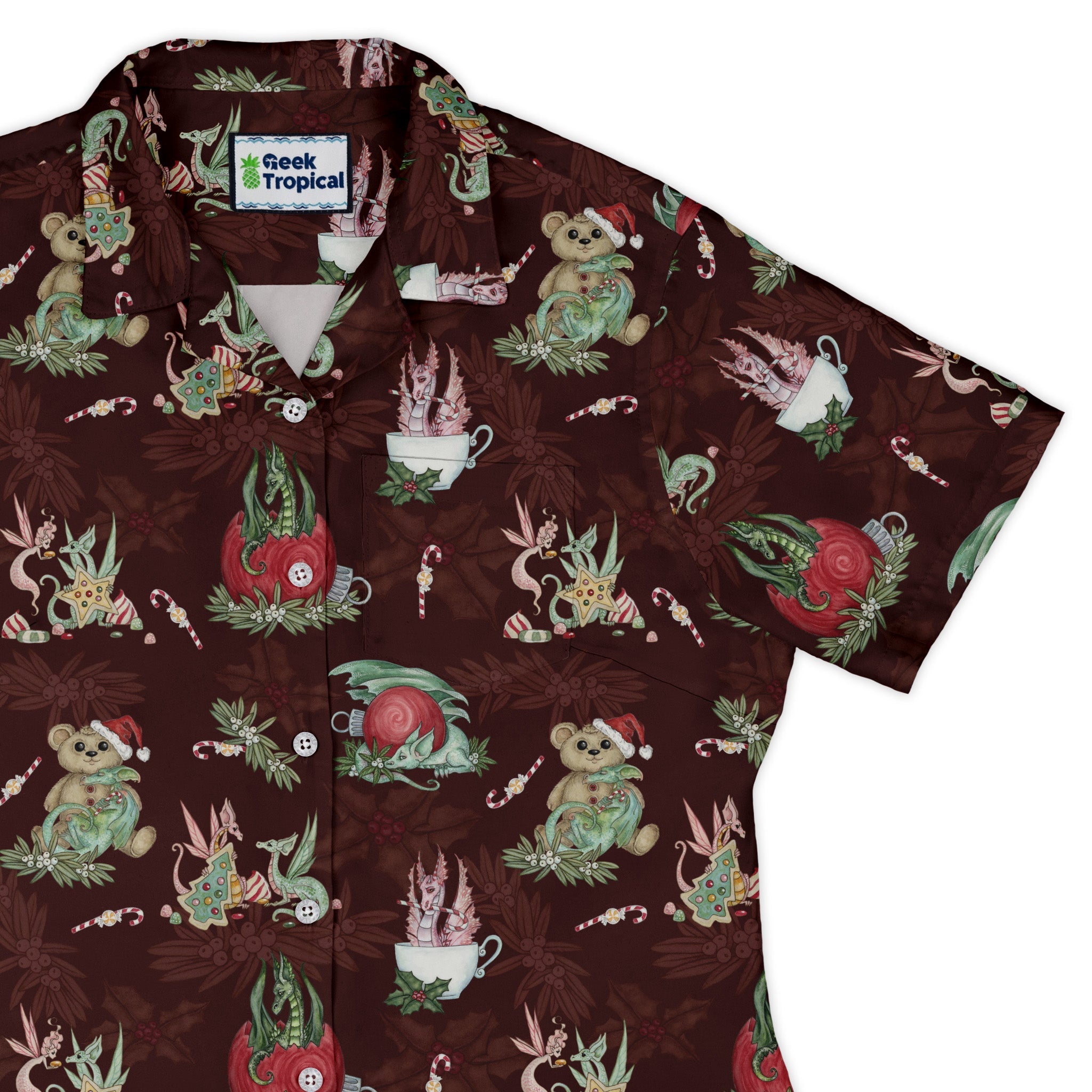 Christmas Time with Dragons Curvy Button Up Shirt Geek Nerd Christmas Print Design by Amy Brown Fantasy Prints