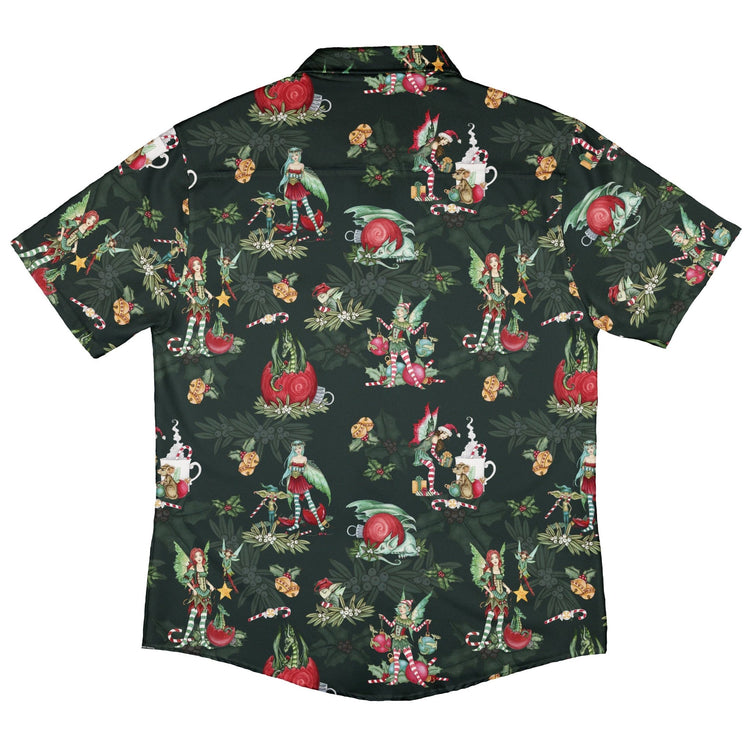 Christmas Time with Fantasy Creatures Button Up Shirt Geek Nerd adult sizing Christmas Print Design by Amy Brown