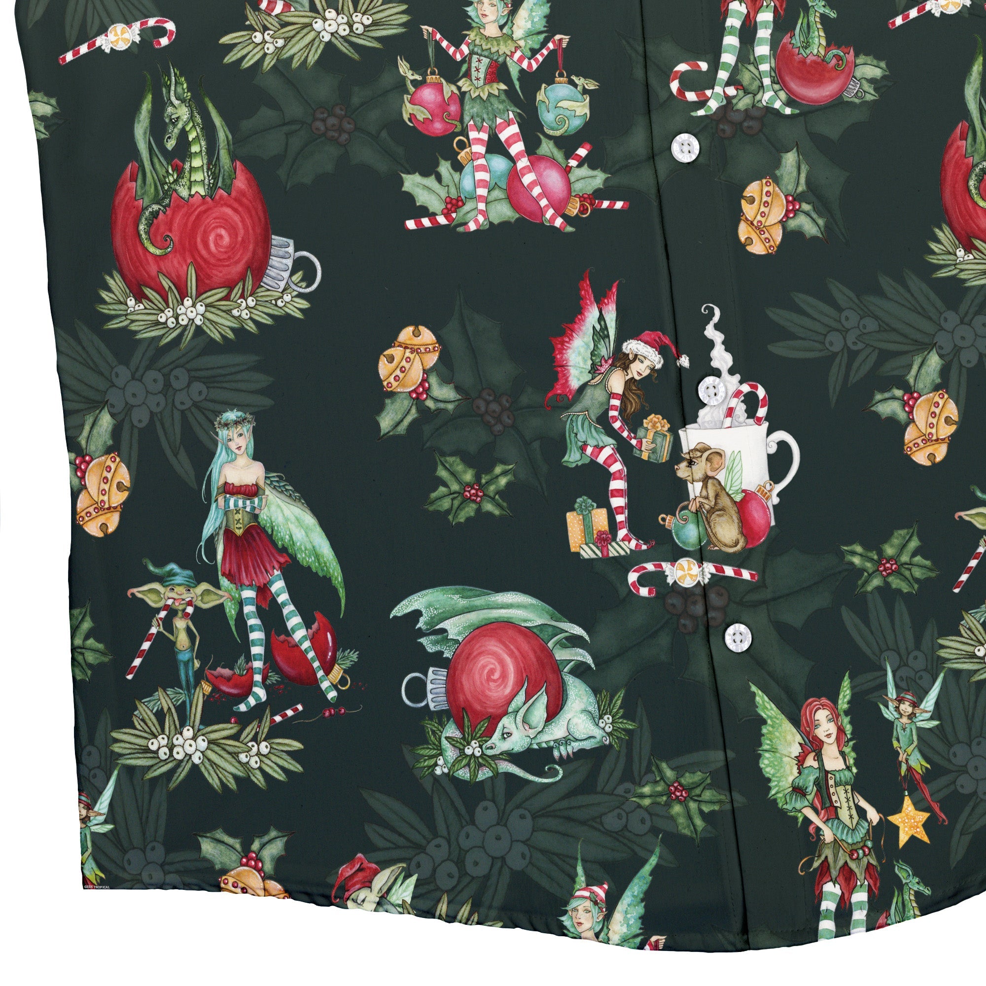 Christmas Time with Fantasy Creatures Button Up Shirt Geek Nerd adult sizing Christmas Print Design by Amy Brown